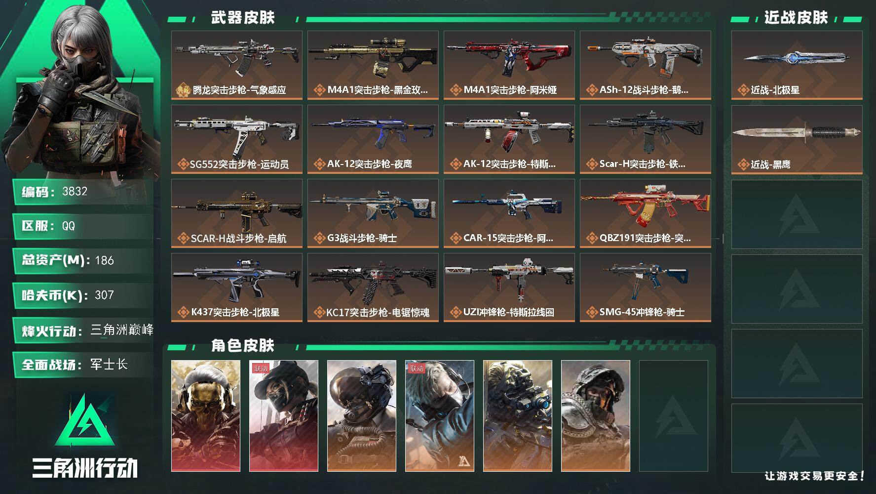 三角洲行动账号QQ总资产(M)：186M/哈夫币(K)：307K/哈夫币(K)：307K/传说枪皮数：26/全面战场等