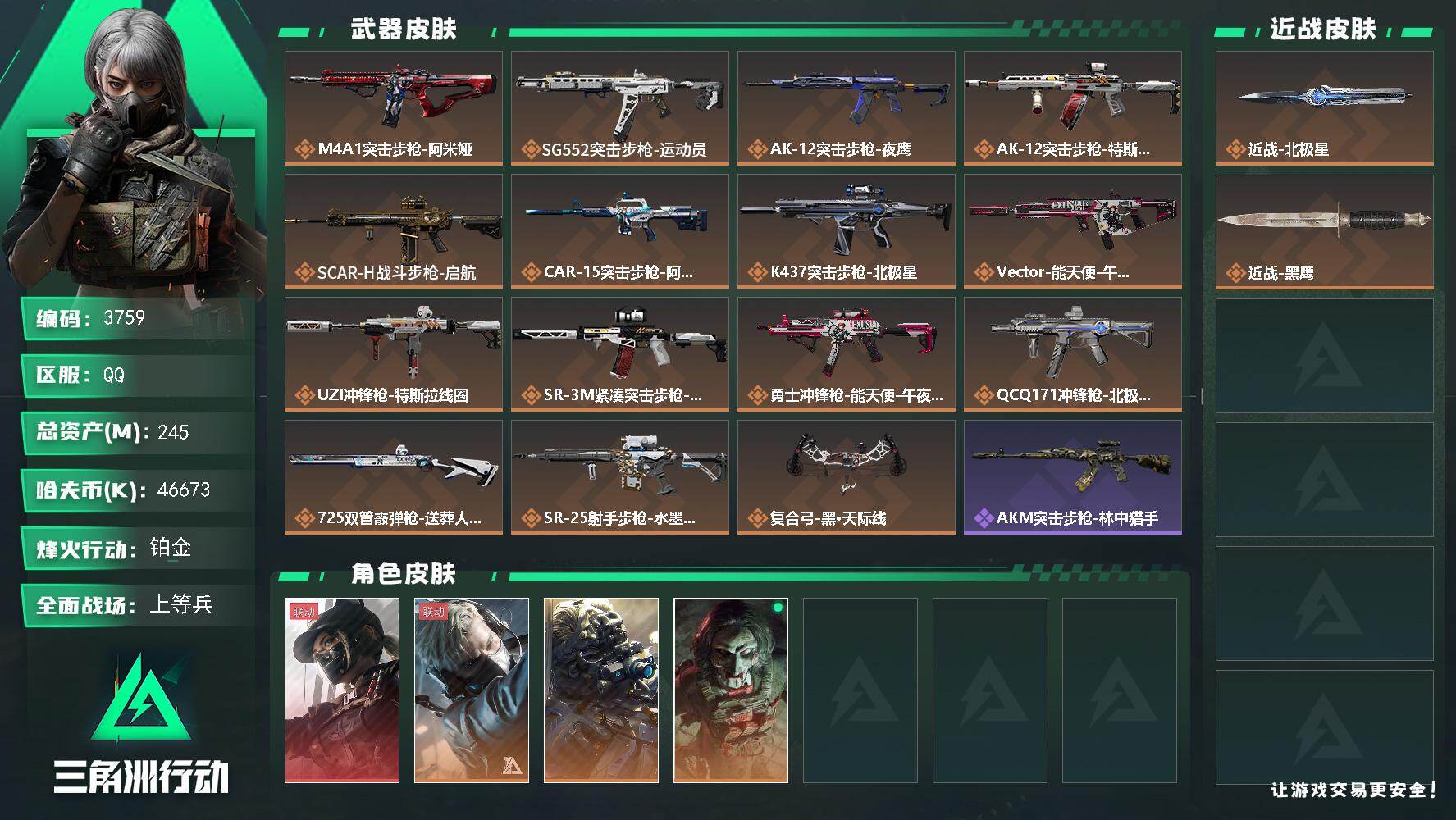 三角洲行动账号QQ总资产(M)：245M/哈夫币(K)：46673K/哈夫币(K)：46673K/传说枪皮数：15/全