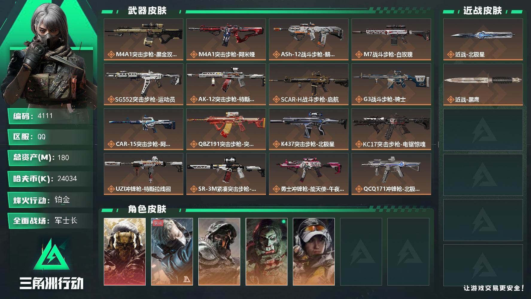 三角洲行动账号QQ总资产(M)：180M/哈夫币(K)：24034K/哈夫币(K)：24034K/传说枪皮数：24/全