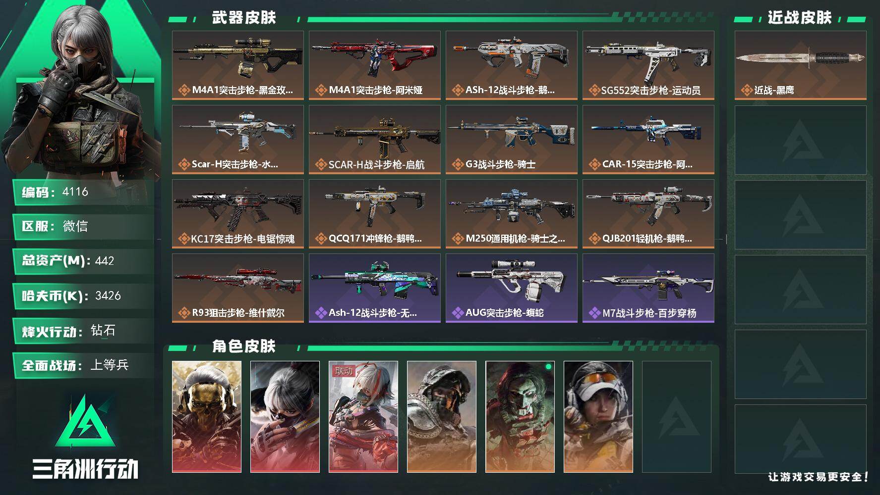 三角洲行动账号VX总资产(M)：442M/哈夫币(K)：3426K/哈夫币(K)：3426K/传说枪皮数：13/全面战