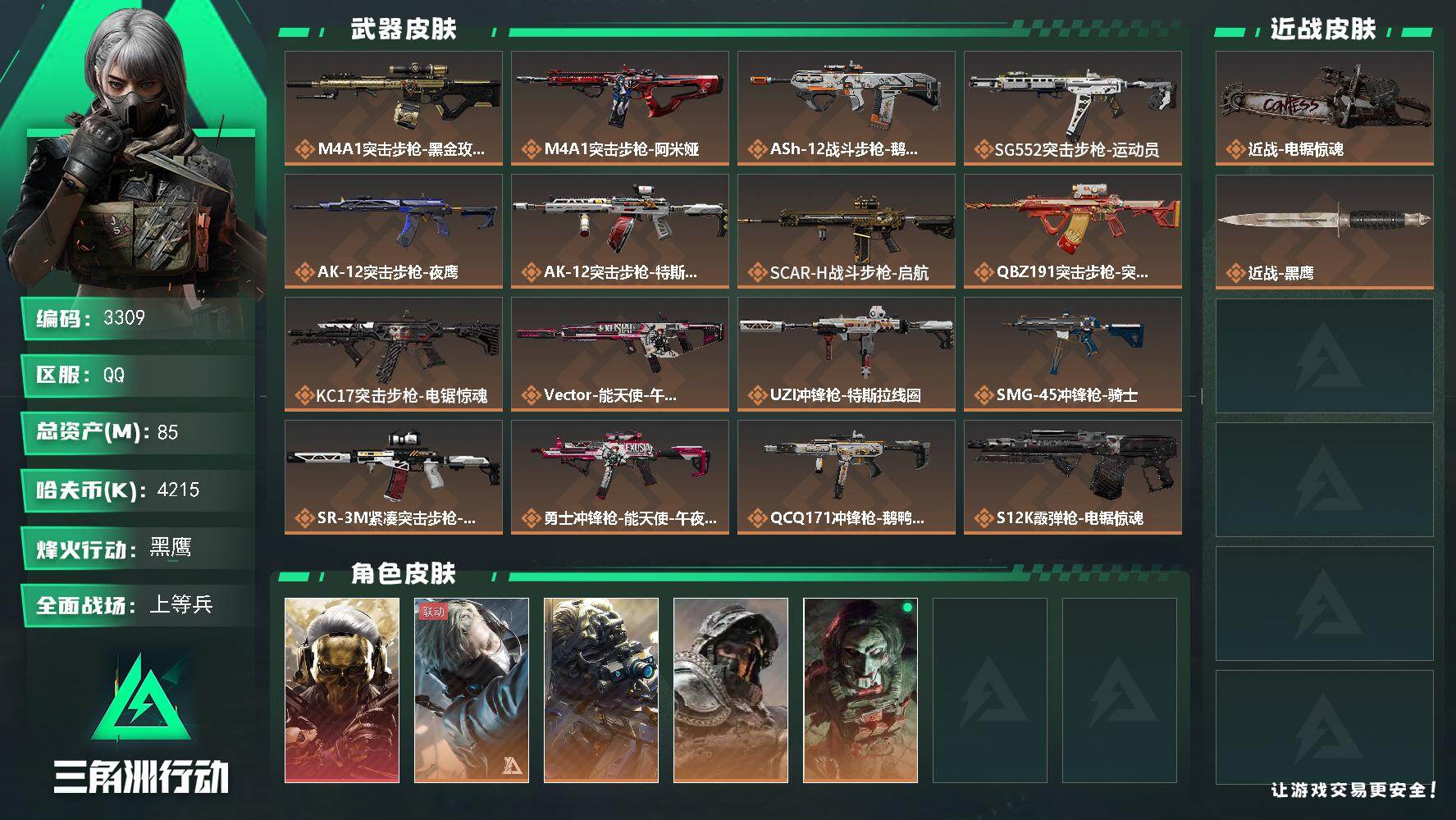 三角洲行动账号QQ总资产(M)：85M/哈夫币(K)：4215K/哈夫币(K)：4215K/传说枪皮数：22/全面战场