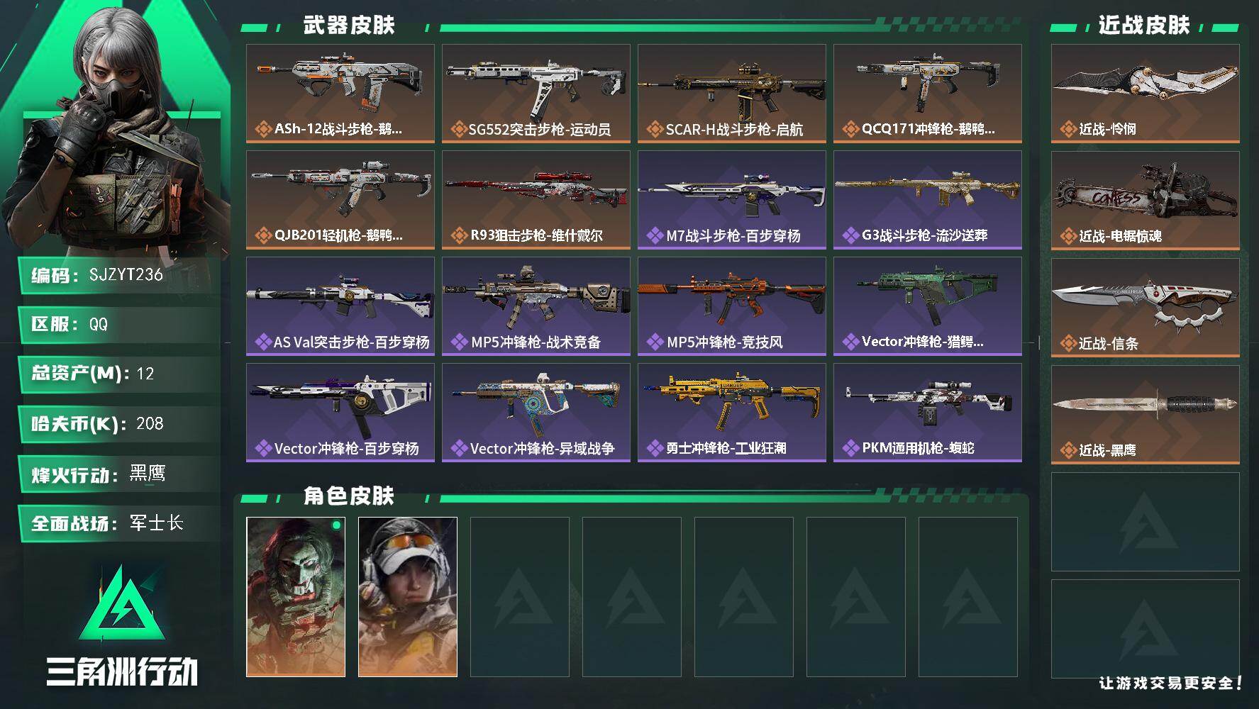 三角洲行动账号QQ【SJZYT236】总资产(M)：12M/哈夫币(K)：208K/哈夫币(K)：208K/传说枪皮数