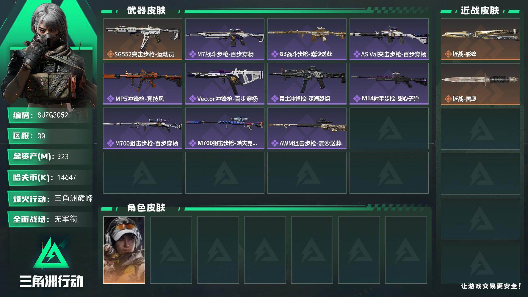 三角洲行动账号QQ【SJZG3052】总资产(M)：323M/哈夫币(K)：14647K/哈夫币(K)：14647K/