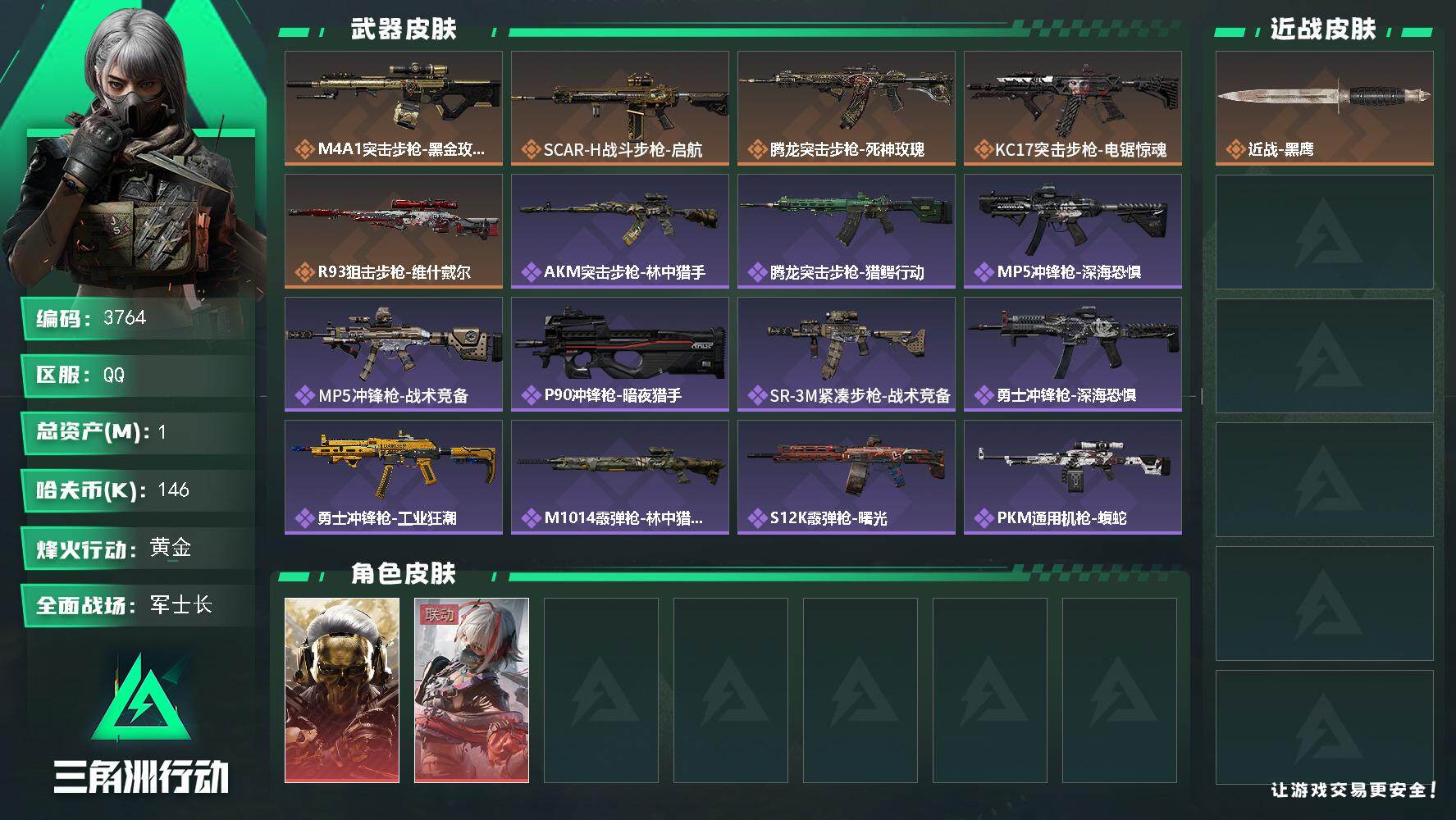 三角洲行动账号QQ总资产(M)：1M/哈夫币(K)：146K/哈夫币(K)：146K/传说枪皮数：5/全面战场等级：5