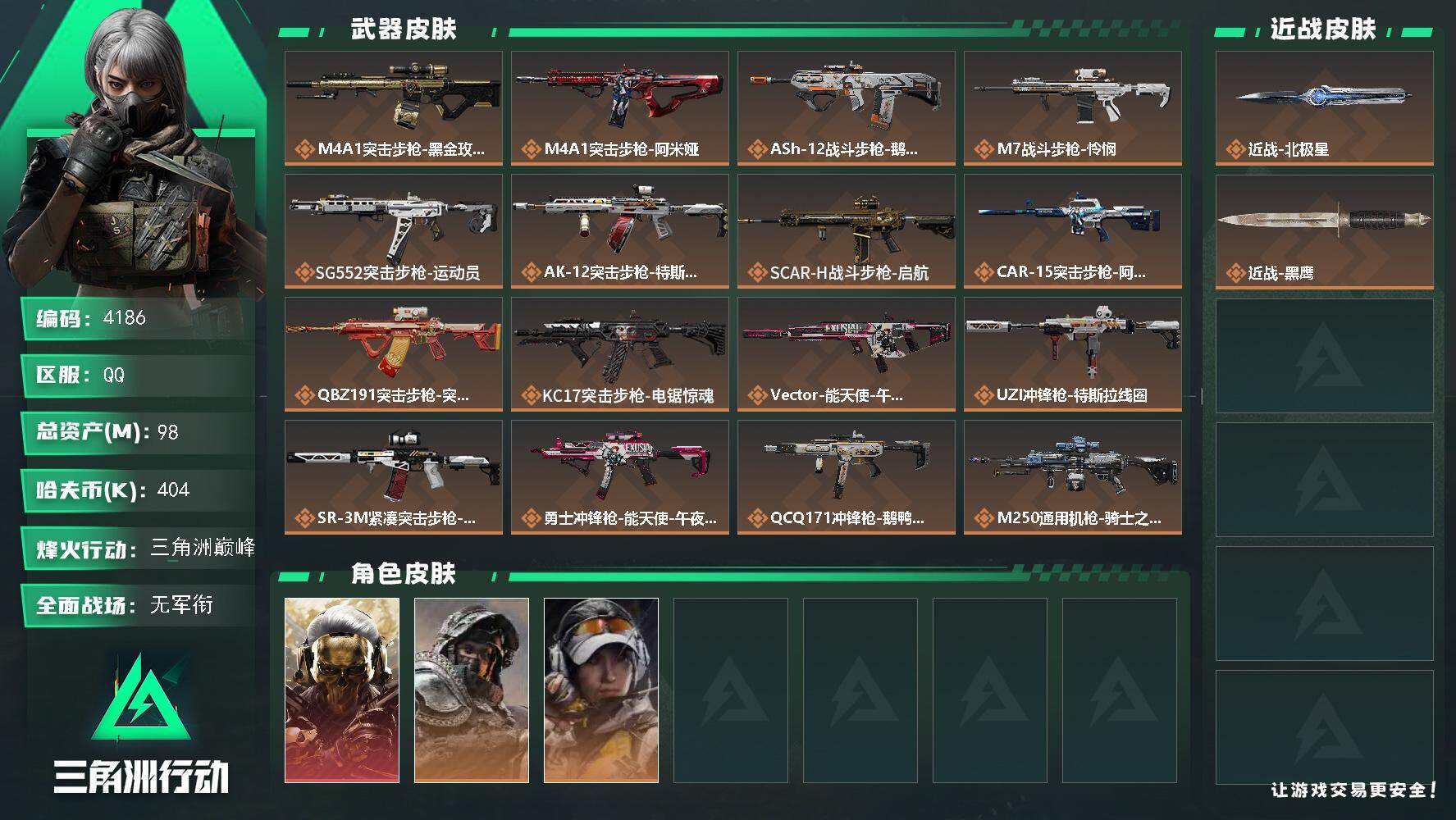 三角洲行动账号QQ总资产(M)：98M/哈夫币(K)：404K/哈夫币(K)：404K/传说枪皮数：19/全面战场等级