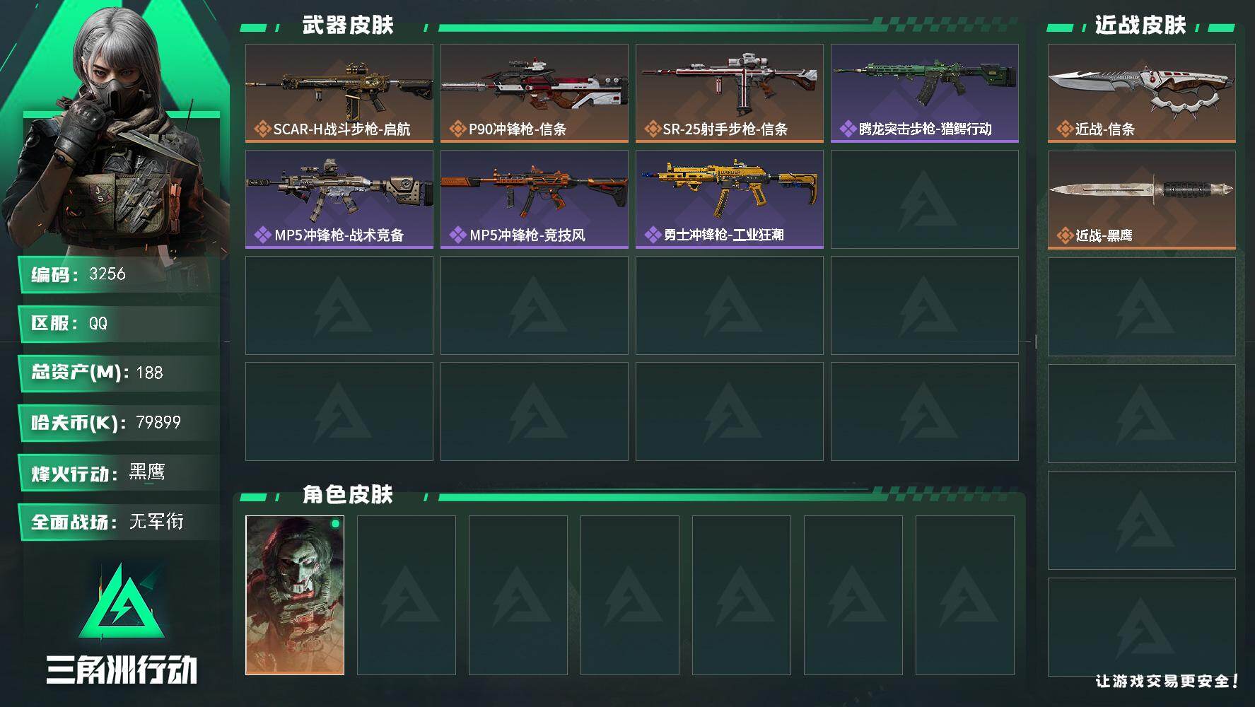 三角洲行动账号QQ总资产(M)：188M/哈夫币(K)：79899K/哈夫币(K)：79899K/传说枪皮数：3/全面