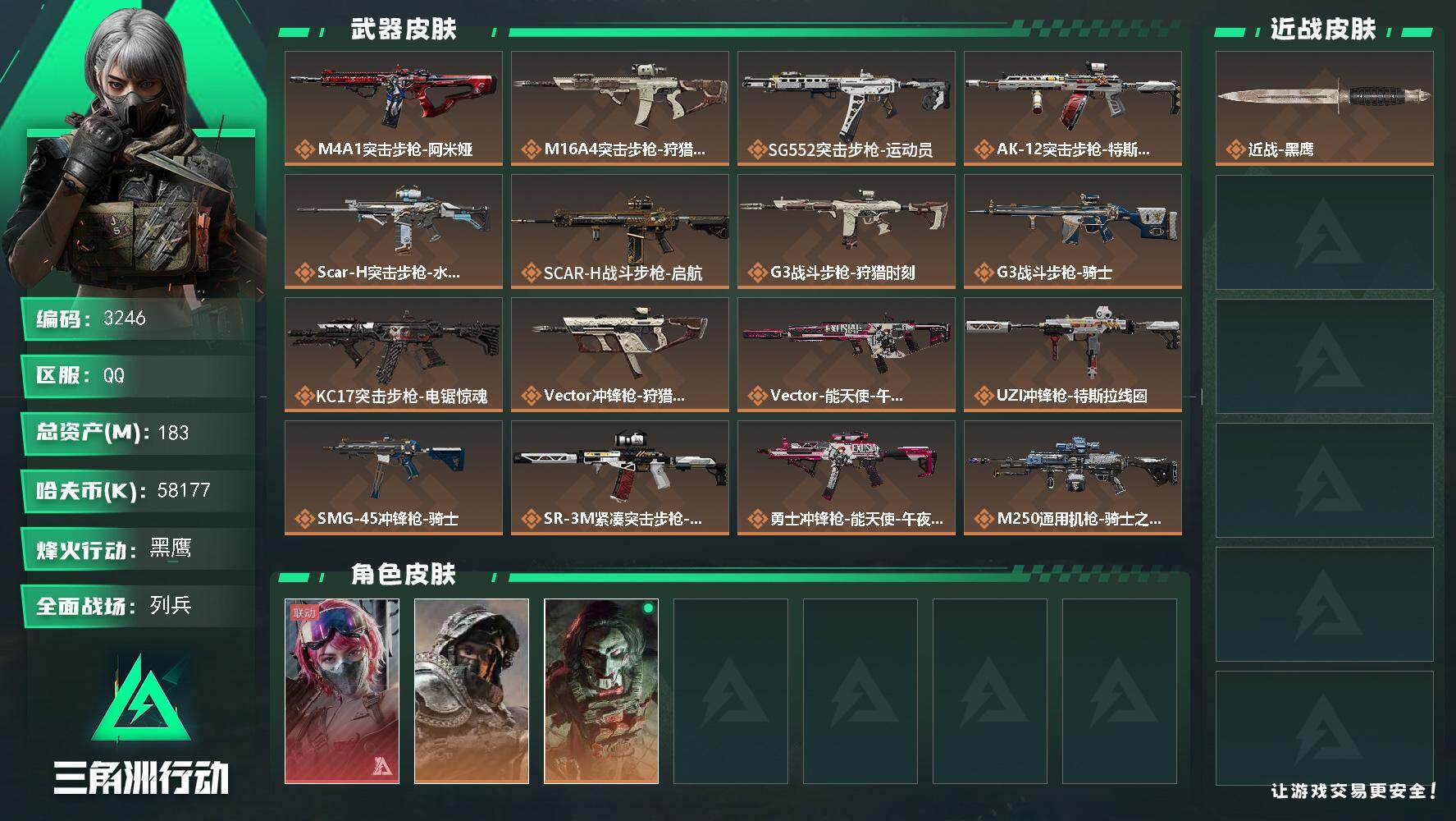 三角洲行动账号QQ总资产(M)：183M/哈夫币(K)：58177K/哈夫币(K)：58177K/传说枪皮数：17/全