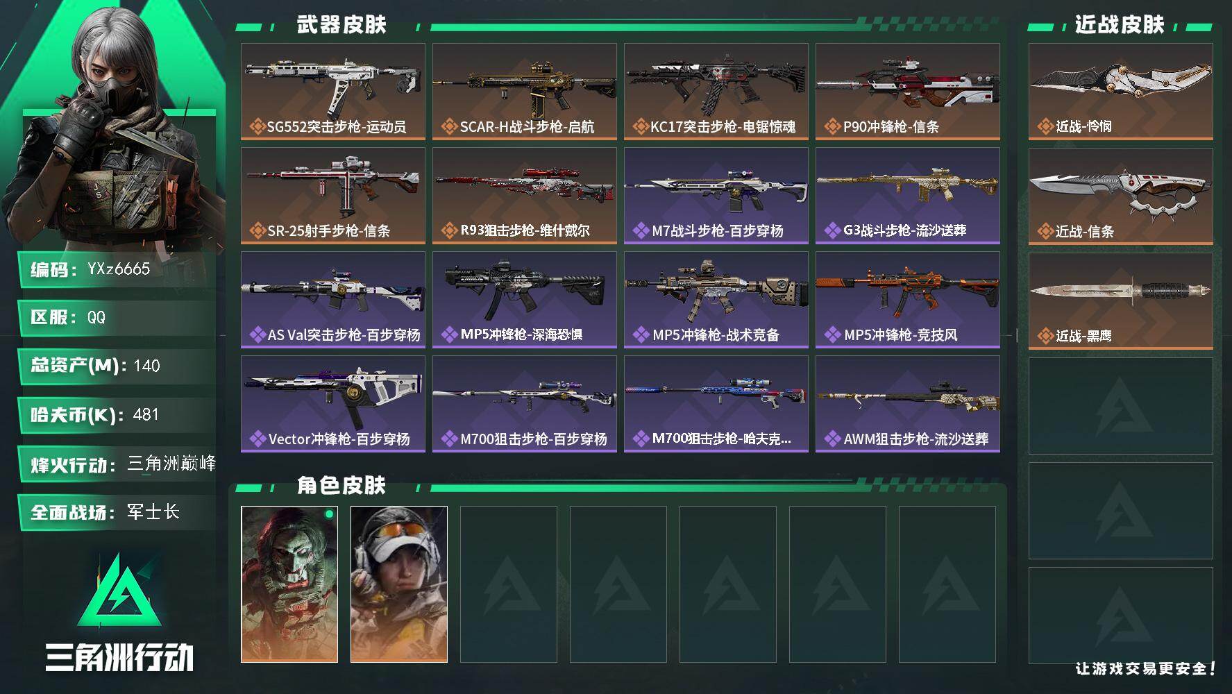 三角洲行动账号QQ【中额资产140M+双刀皮-怜悯+信条】【Q区三端互通】【无二次】YXz6665-特勤处：仓库6级/