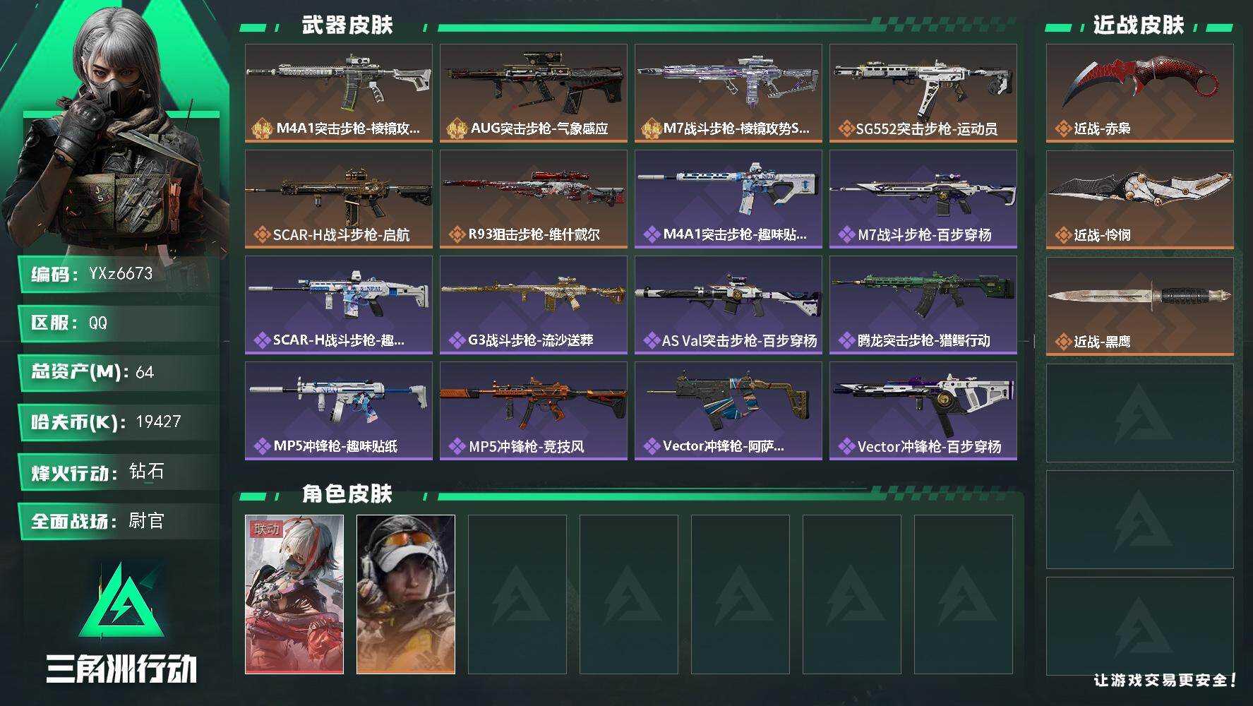 三角洲行动账号QQ【热门皮肤组合搭配:单红皮+双刀皮+三典藏枪皮】【维什戴尔+赤枭+怜悯+M4A1突击步枪-棱镜攻势（
