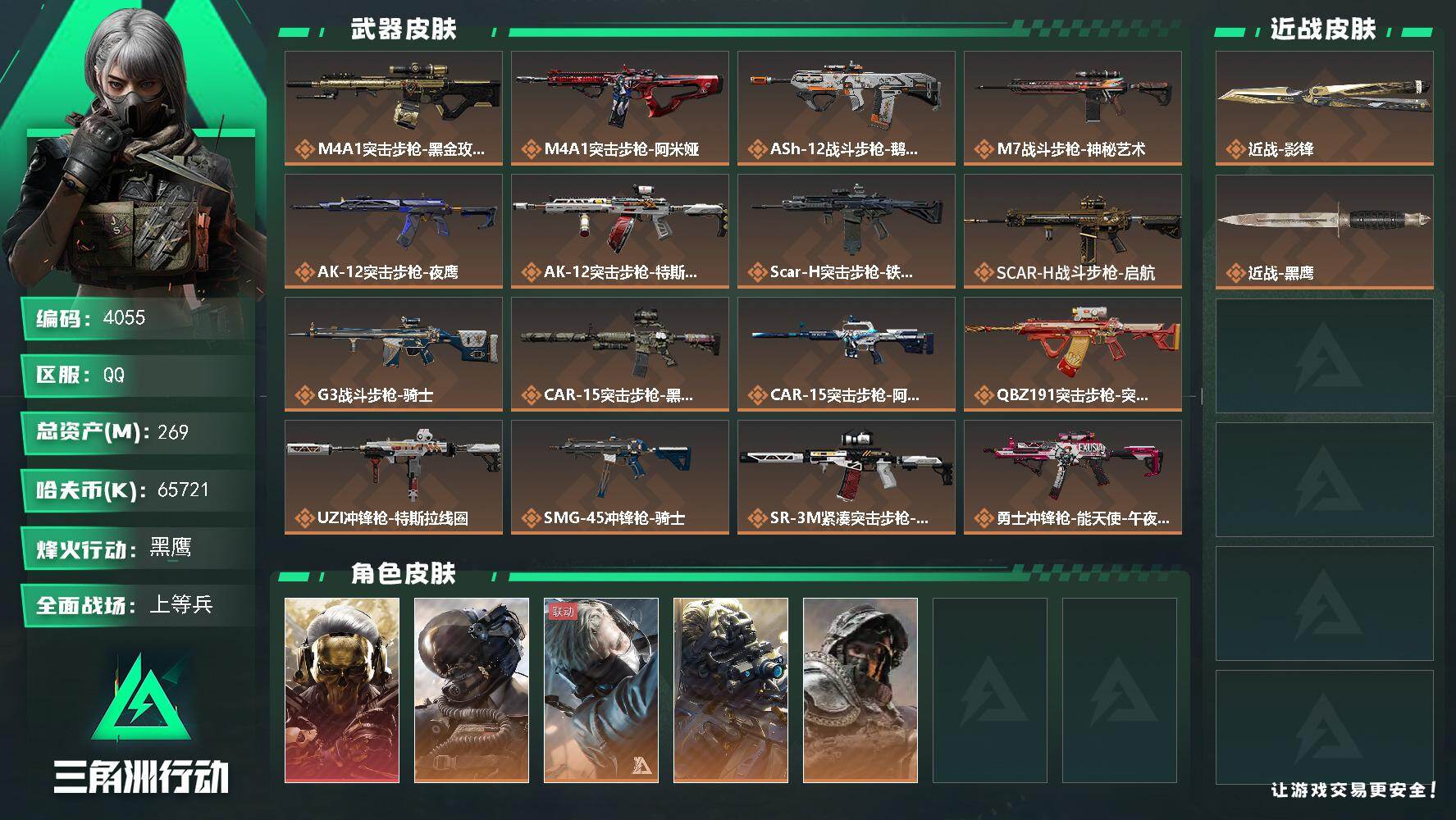 三角洲行动账号QQ总资产(M)：269M/哈夫币(K)：65721K/哈夫币(K)：65721K/传说枪皮数：27/全