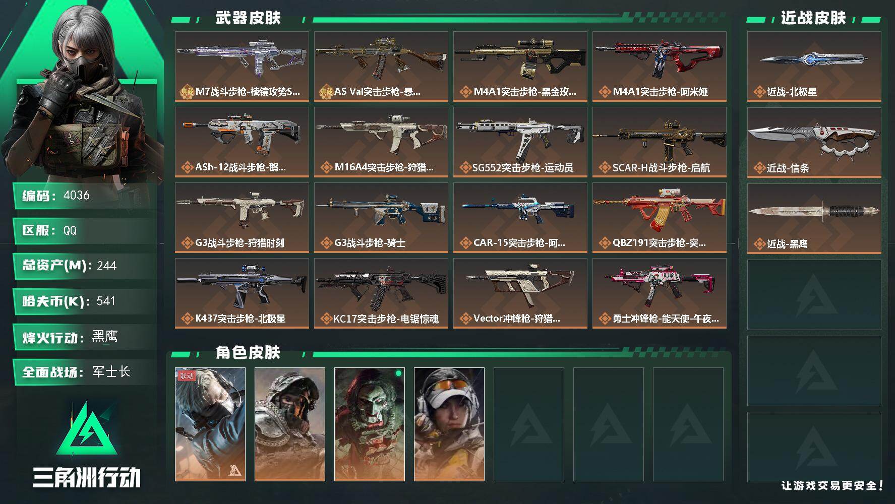 三角洲行动账号QQ总资产(M)：244M/哈夫币(K)：541K/哈夫币(K)：541K/传说枪皮数：24/全面战场等