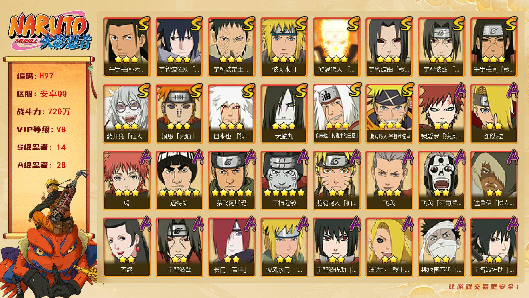 火影忍者账号安卓QQ14S级忍者数-28A级忍者数
【S级忍者】：千手柱间「秽土转生」(3星)，宇智波鼬「秽土转生」(3