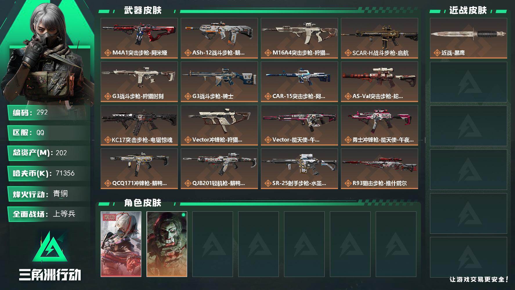 三角洲行动账号QQ收藏室1级，3组红弹，
202m总资产-71356k哈伏币-60烽火等级-青铜-50战场等级-上等兵