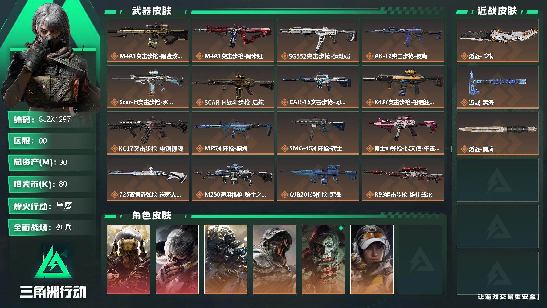 三角洲行动账号QQ【SJZX1297】总资产(M)：30M/哈夫币(K)：80K/哈夫币(K)：80K/传说枪皮数：1