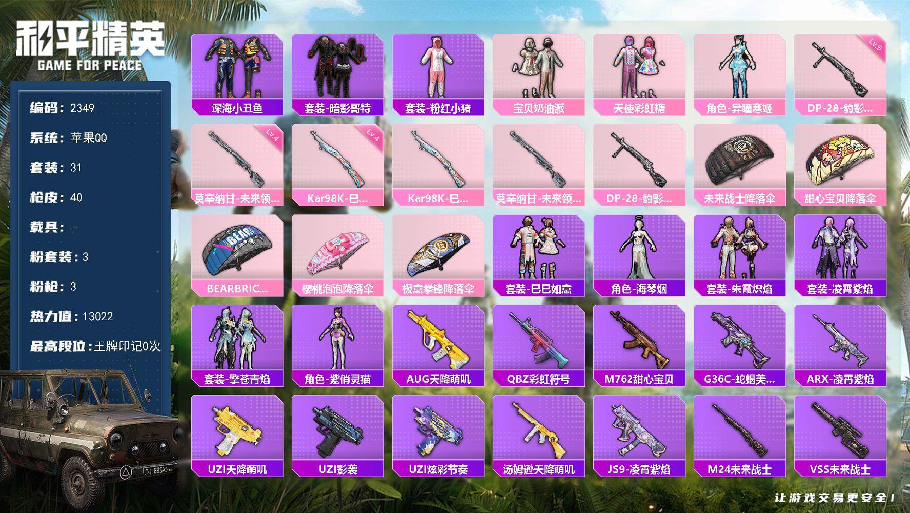 和平精英账号苹果QQ0载具-31套装-40枪皮-31套装/枪械3/装备54/战备35/热力值13022/四级Kar98K
