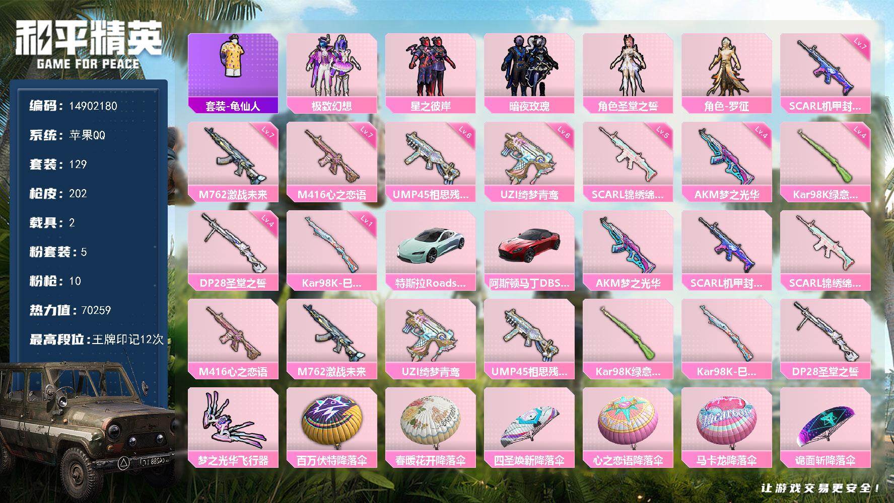 和平精英账号苹果QQ2载具-129套装-202枪皮-"DAS9239-可二次 苹果Q-2载具5粉装10特效枪7热门129