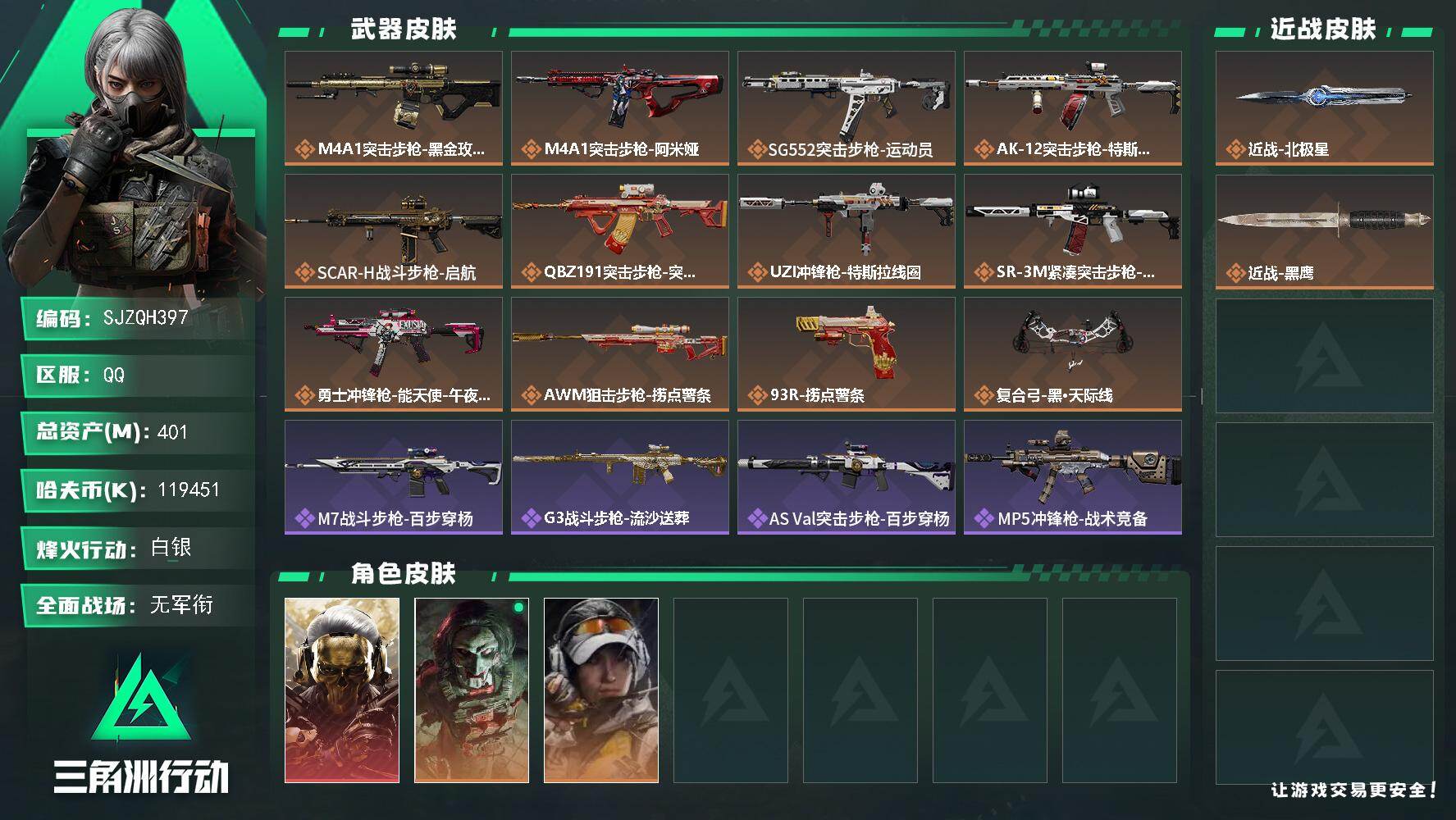 三角洲行动账号QQ【SJZQH397】总资产(M)：401M/哈夫币(K)：119451K/哈夫币(K)：119451K/传说枪皮数：12/全面战场等级：4_段位：无段位/烽火地带等级：60_段位：白银/红狼-蚀金玫
