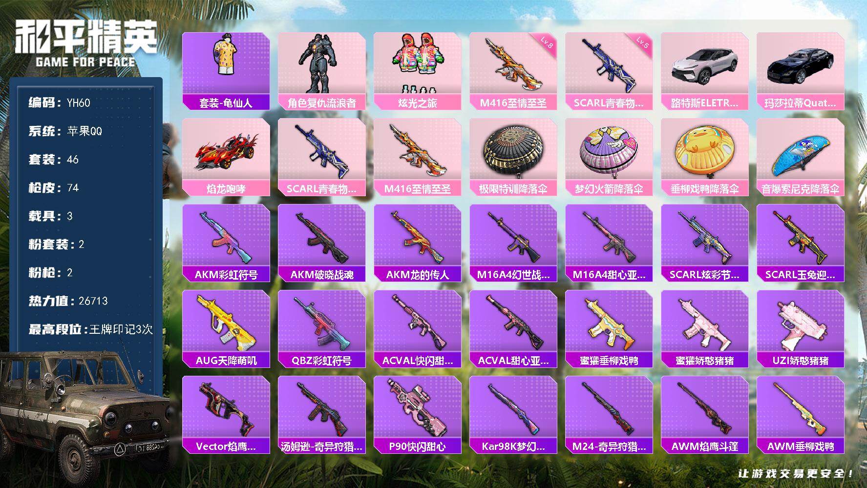 和平精英账号苹果QQ3载具-46套装-74枪皮-苹果 手Q-2粉装-2特效枪-3载具-0粉色飞行器-26713热力值-3