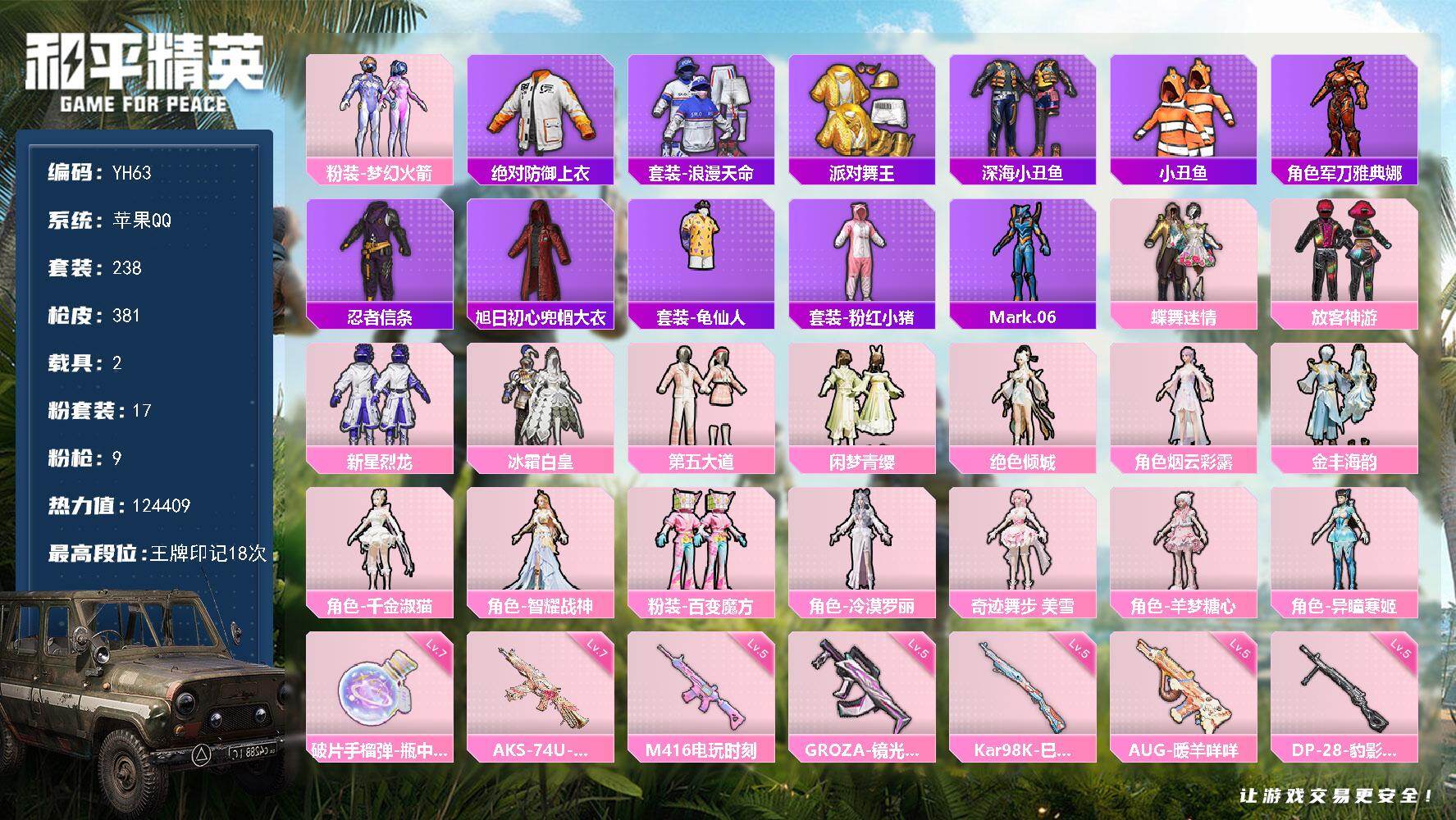 和平精英账号苹果QQ2载具-238套装-381枪皮-苹果 手Q-17粉装-9特效枪-2载具-10粉色飞行器-热力值-18