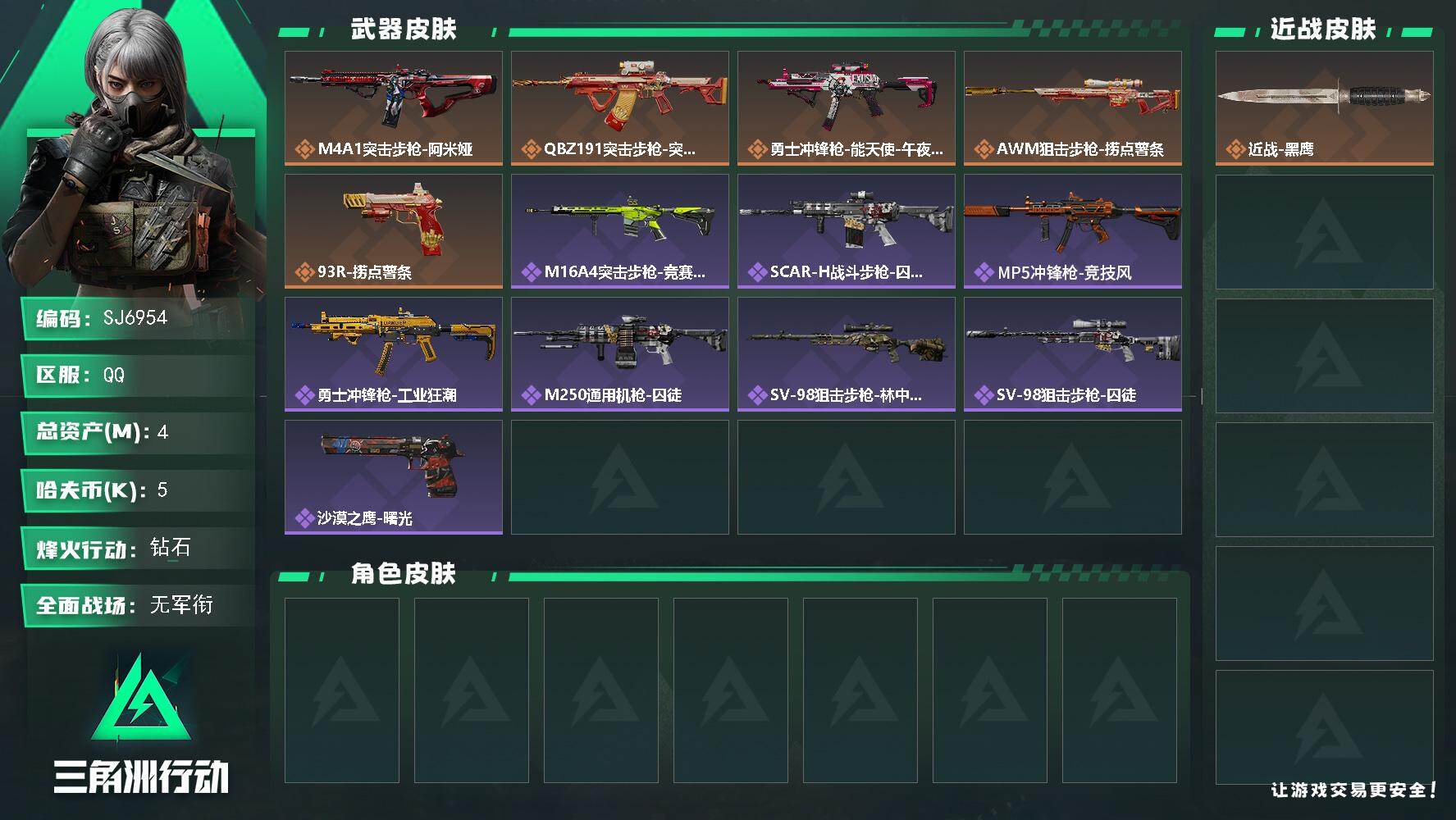 三角洲行动账号QQ【SJ6954】总资产(M)：4M/哈夫币(K)：5K/哈夫币(K)：5K/传说枪皮数：5/全面战场等级：1_段位：无段位/烽火地带等级：38_段位：钻石/近战-黑鹰/M4A1突击步枪-阿米娅/腾龙