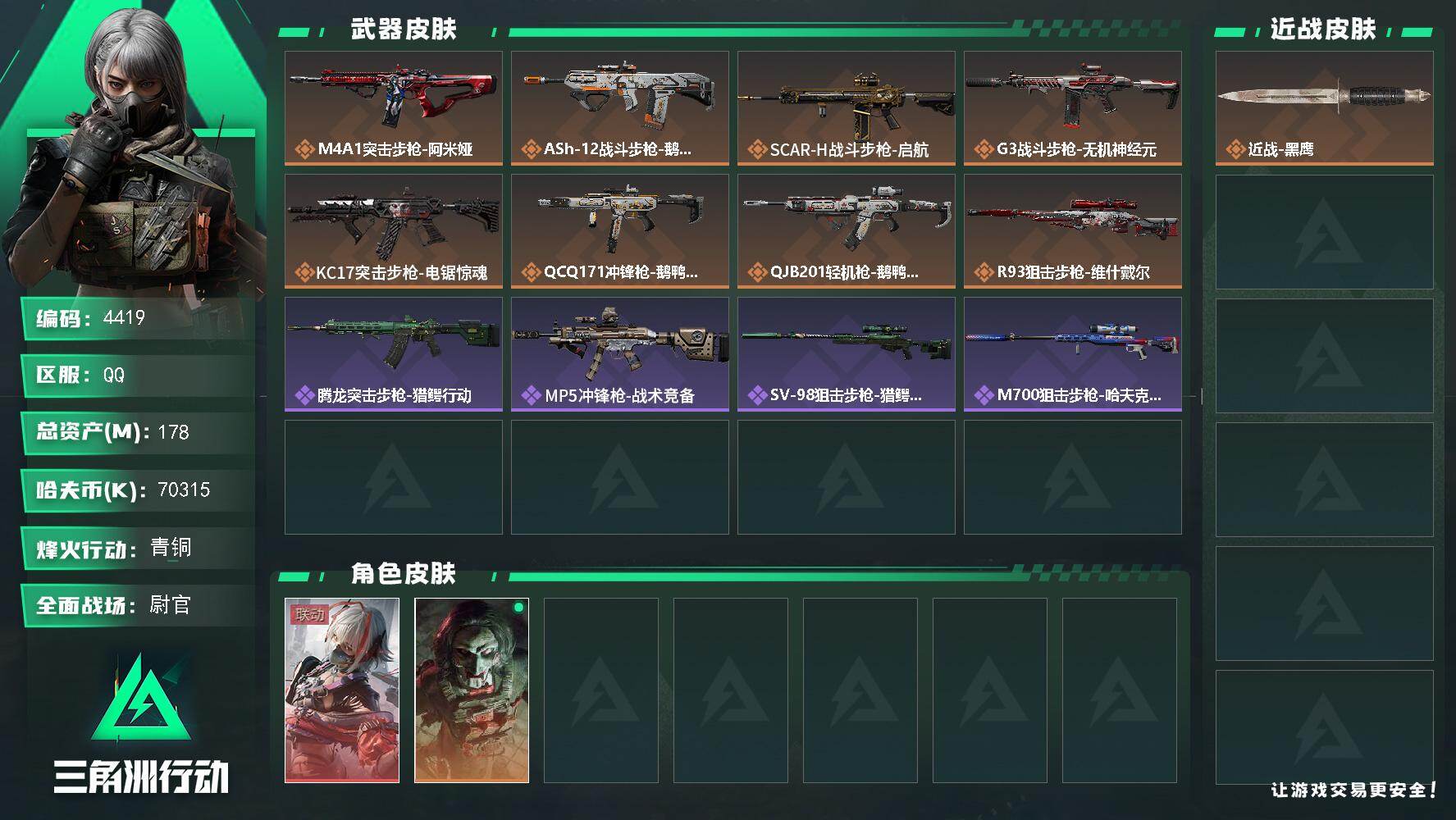 三角洲行动账号QQ总资产(M)：178M/哈夫币(K)：70315K/哈夫币(K)：70315K/传说枪皮数：8/全面