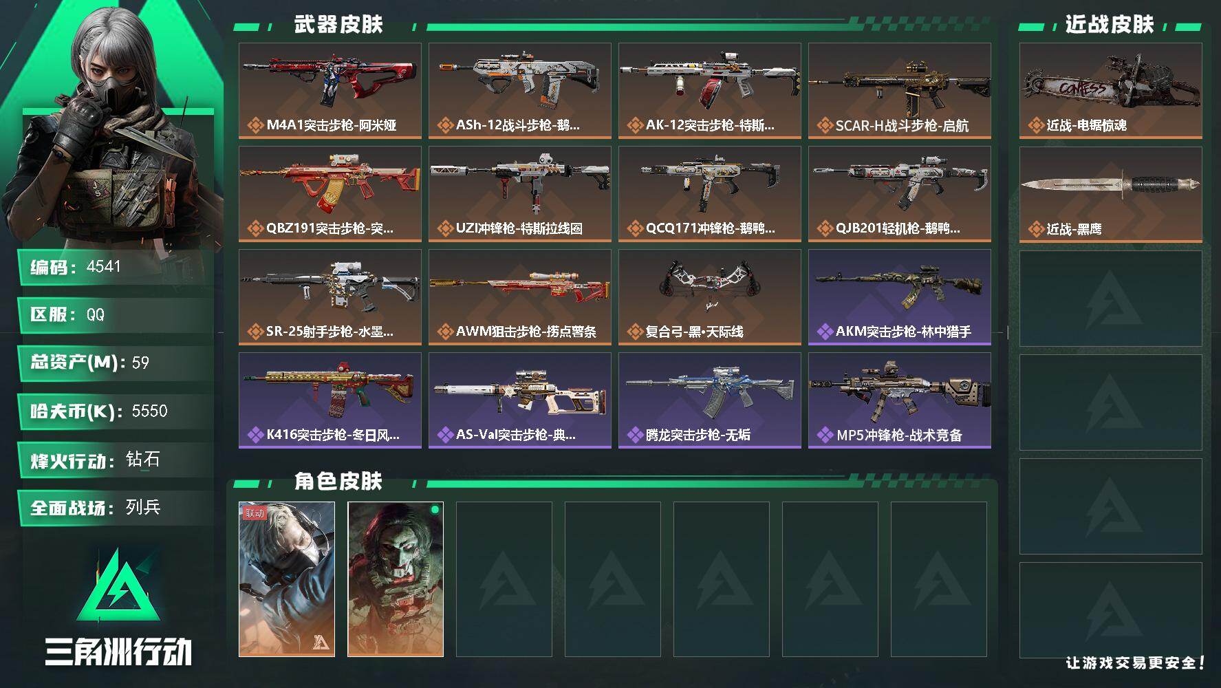 三角洲行动账号QQ总资产(M)：59M/哈夫币(K)：5550K/哈夫币(K)：5550K/传说枪皮数：16/全面战场