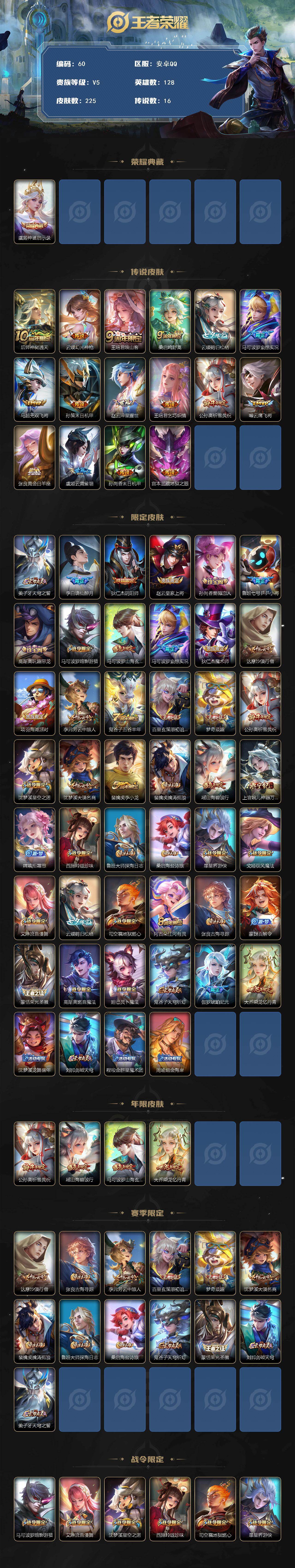 王者荣耀账号安卓QQ【60】贵族5/皮肤225/典藏1/传说16/史诗63/英雄128/孙权全皮/神鉴启示录/后羿神树通天/幻光神枪/映山客/鸣野蒿/云缨-鹤归松栖/马可波罗妄想实况/无双飞将/孙策-末日机甲/淬星耀世