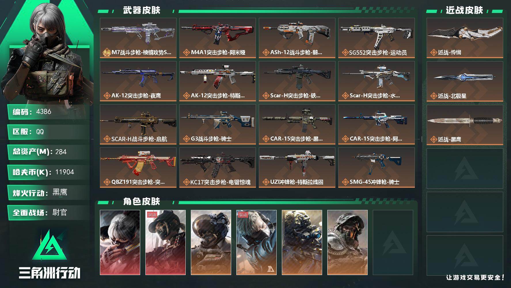 三角洲行动账号QQ总资产(M)：284M/哈夫币(K)：11904K/哈夫币(K)：11904K/传说枪皮数：26/全