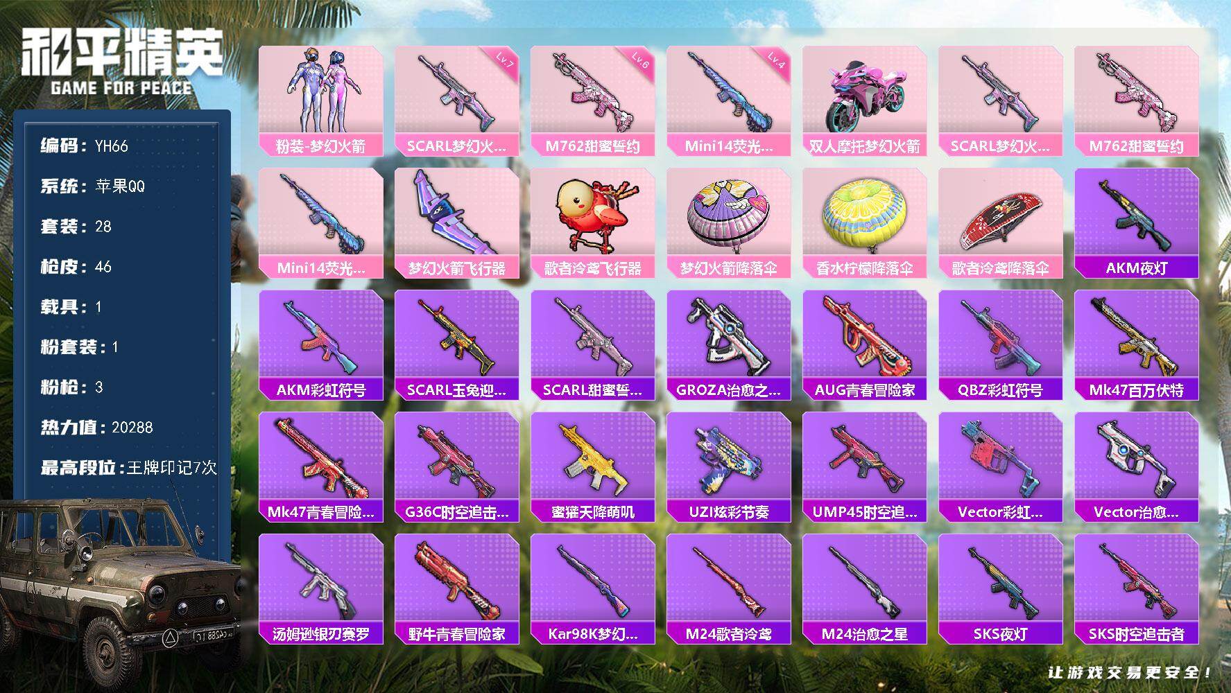 和平精英账号苹果QQ1载具-28套装-46枪皮-苹果 手Q-1粉装-3特效枪-1载具-2粉色飞行器-20288热力值-7