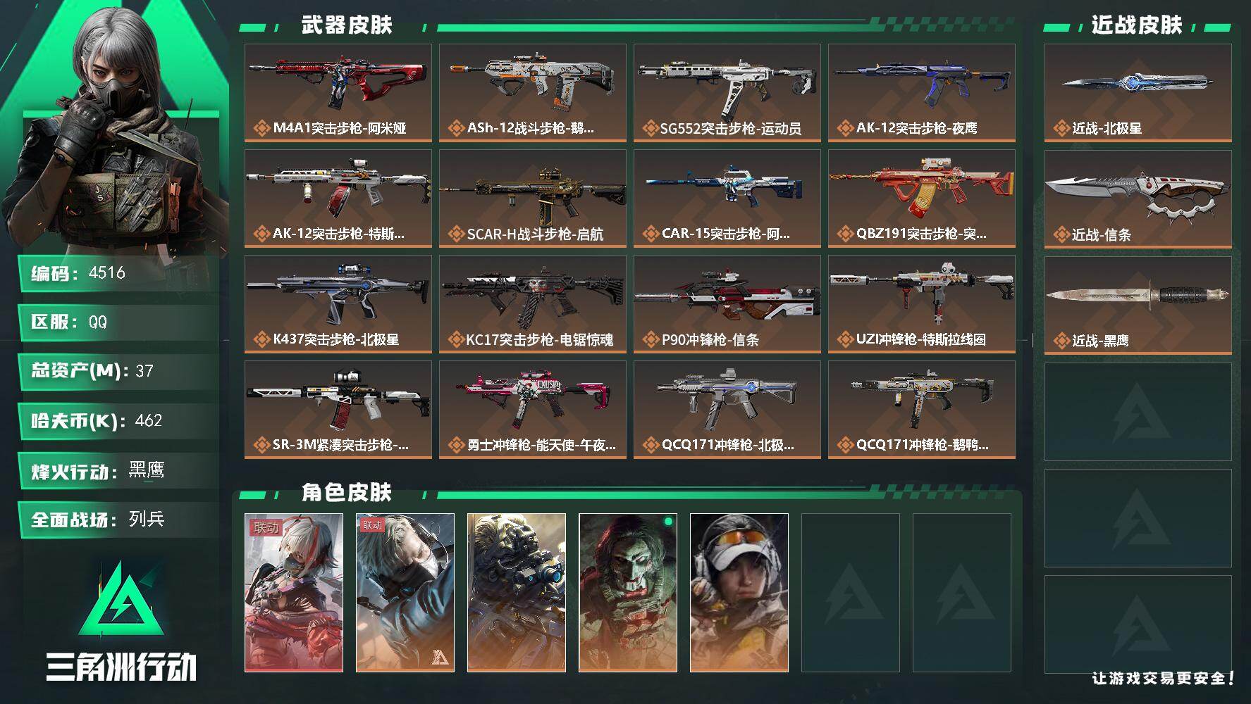三角洲行动账号QQ总资产(M)：37M/哈夫币(K)：462K/哈夫币(K)：462K/传说枪皮数：25/全面战场等级