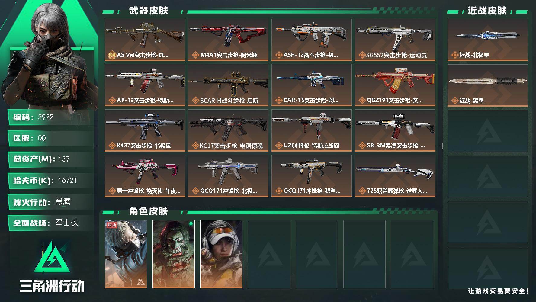 三角洲行动账号QQ总资产(M)：137M/哈夫币(K)：16721K/哈夫币(K)：16721K/传说枪皮数：20/全