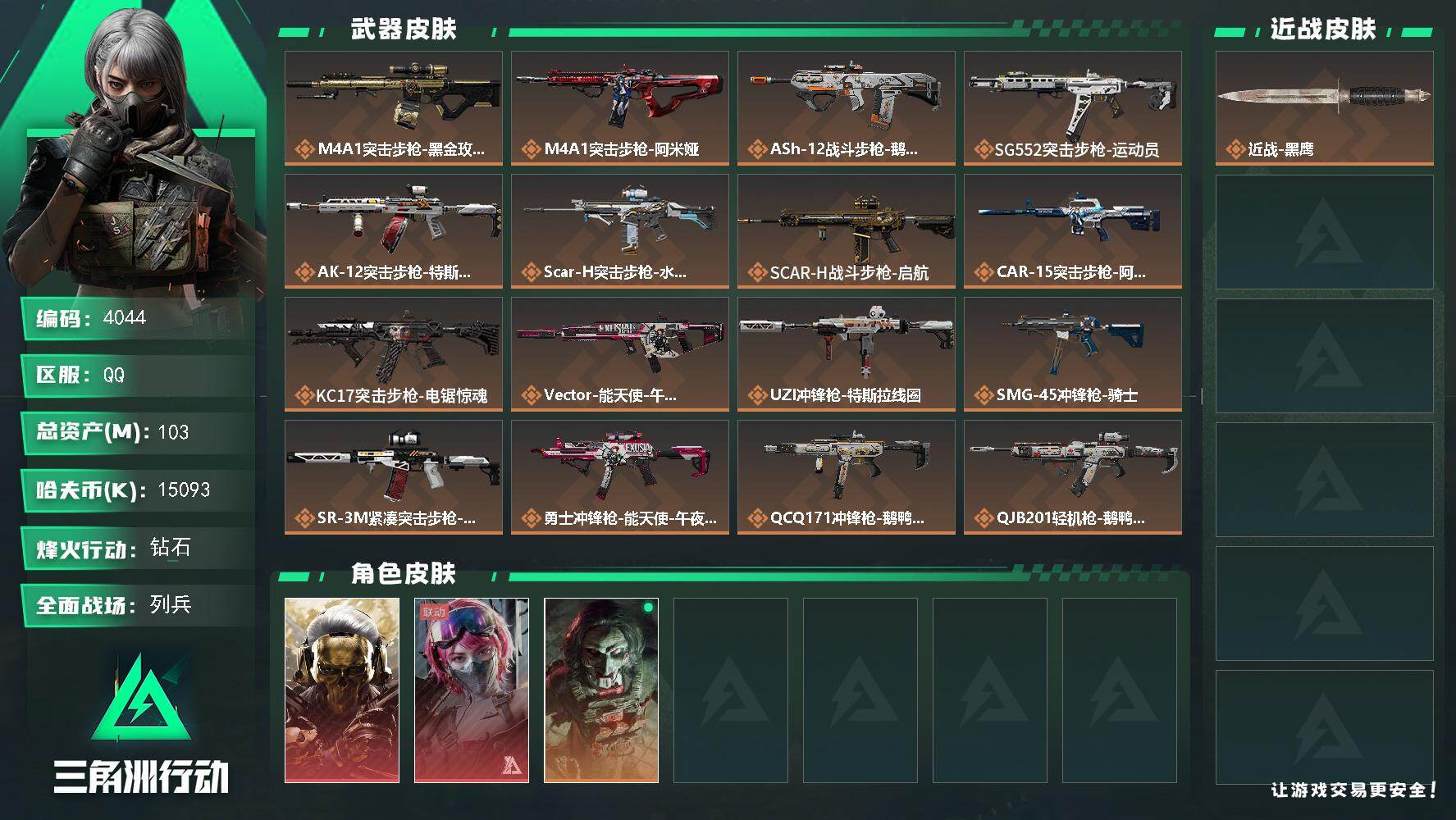 三角洲行动账号QQ总资产(M)：103M/哈夫币(K)：15093K/哈夫币(K)：15093K/传说枪皮数：18/全