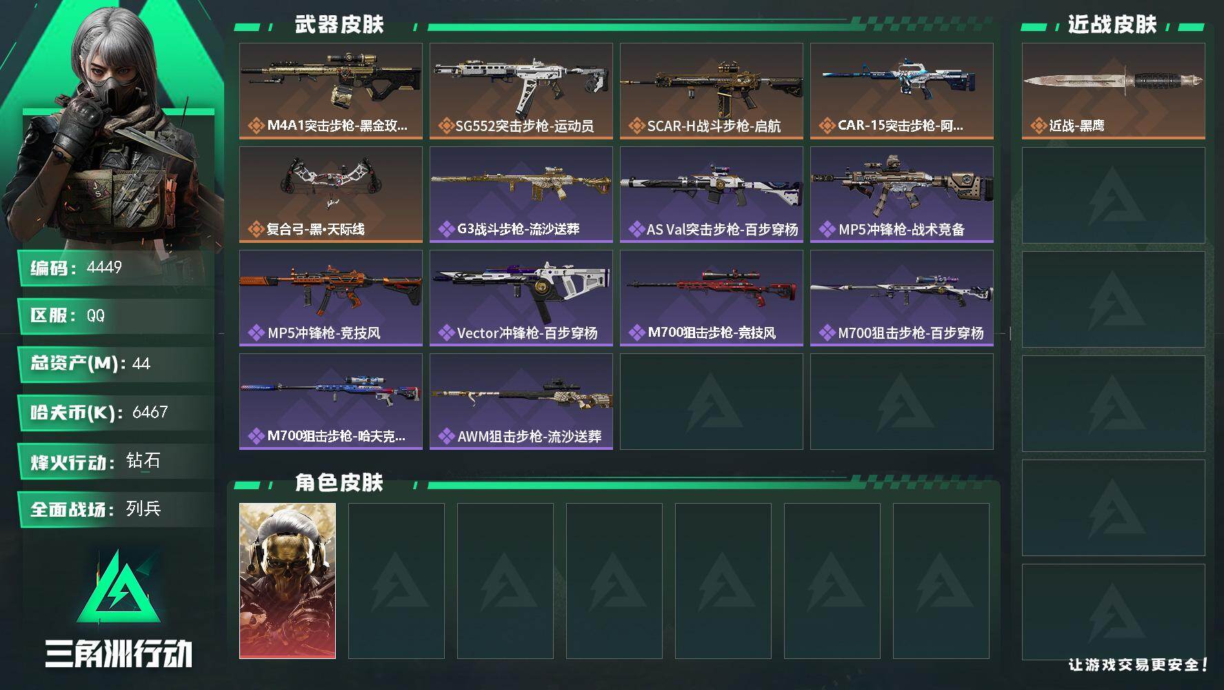 三角洲行动账号QQ总资产(M)：44M/哈夫币(K)：6467K/哈夫币(K)：6467K/传说枪皮数：5/全面战场等