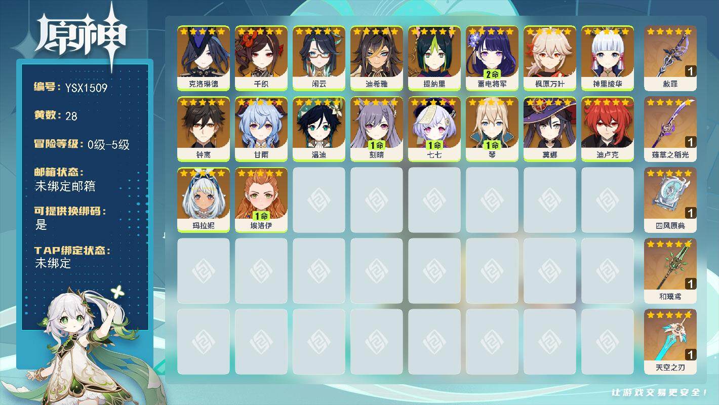 原神账号官服 天空岛【YSX1509】28黄/男主/18个五星角色/5个五星武器/0命甘雨/0命钟离/0命克洛琳德/0命闲云/0命千织/0命枫原万叶/2命雷电将军/0命温迪/0命莫娜/0命玛拉妮/0命神里绫华/0命迪卢