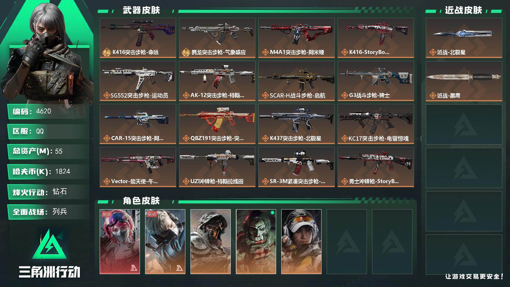 三角洲行动账号QQ总资产(M)：55M/哈夫币(K)：1824K/哈夫币(K)：1824K/传说枪皮数：23/全面战场