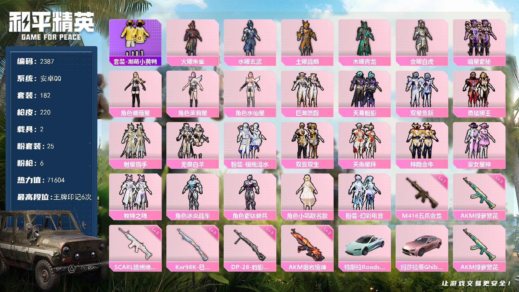 和平精英账号安卓QQ2载具-182套装-220枪皮-182套装/枪械6/装备227/载具2/战备138/王牌印记6/热力