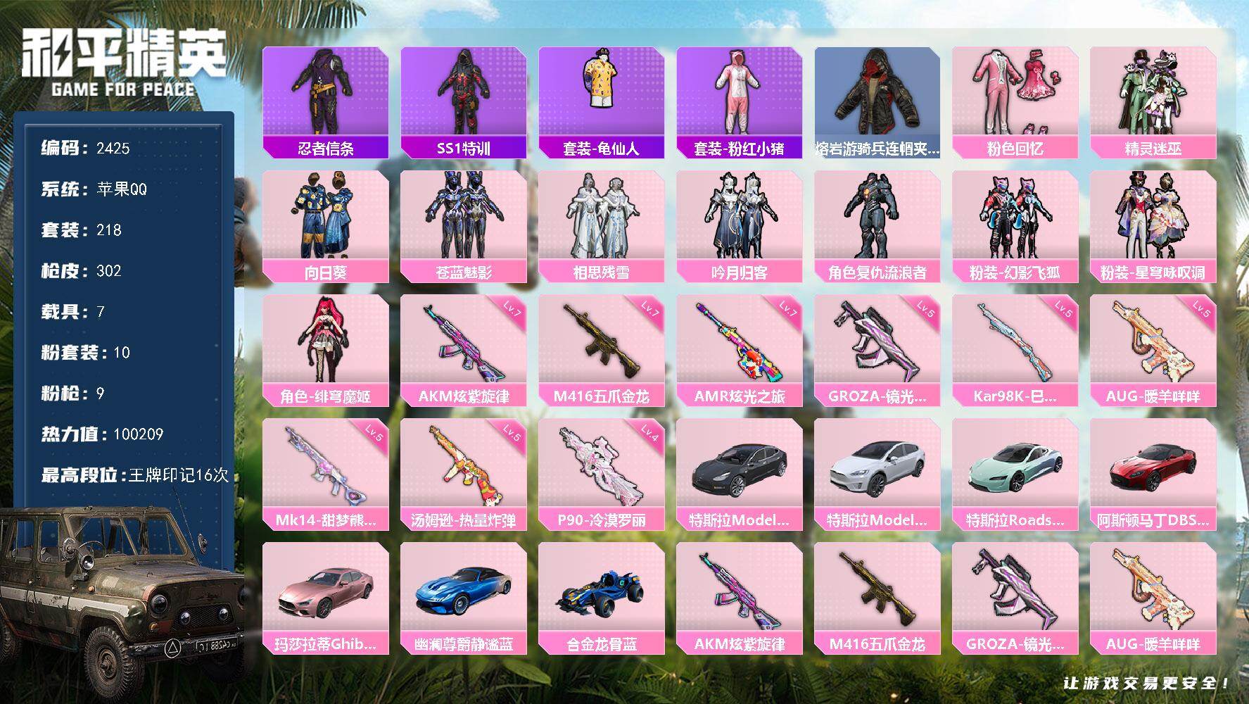 和平精英账号苹果QQ7载具-218套装-302枪皮-218套装/枪械9/装备332/载具7/战备219/王牌印记16/热