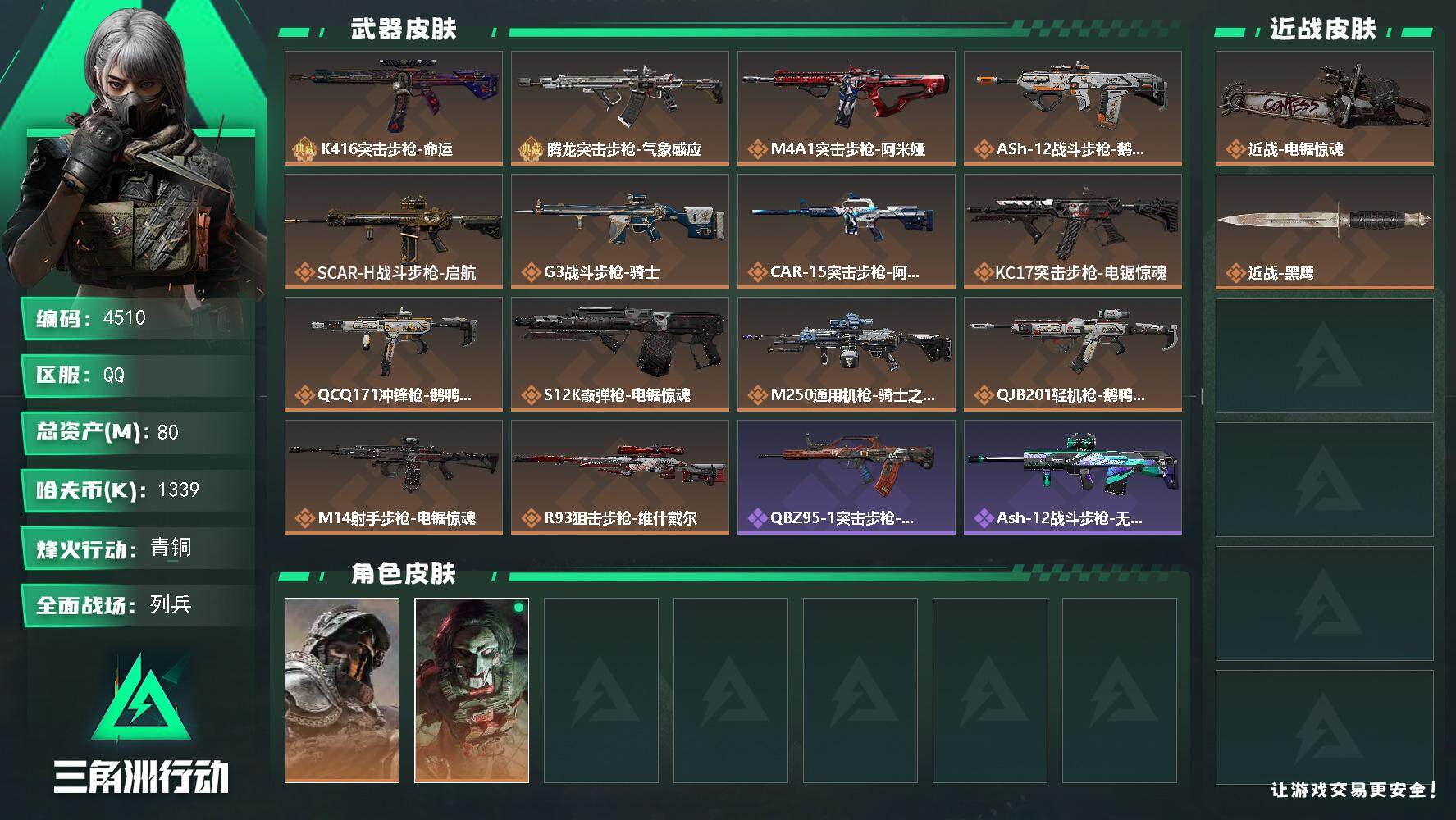 三角洲行动账号QQ总资产(M)：80M/哈夫币(K)：1339K/哈夫币(K)：1339K/传说枪皮数：14/全面战场