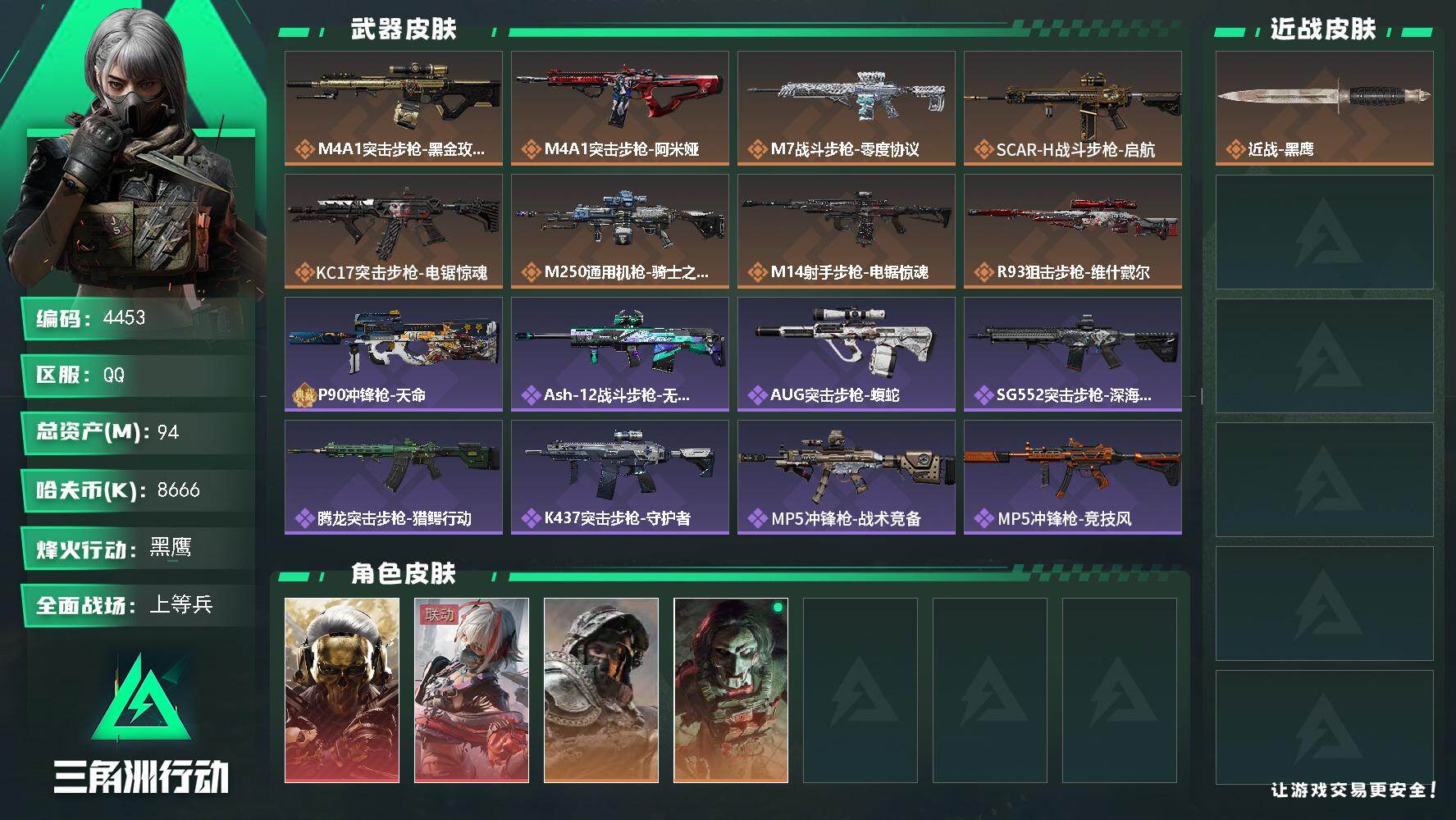 三角洲行动账号QQ总资产(M)：94M/哈夫币(K)：8666K/哈夫币(K)：8666K/传说枪皮数：8/全面战场等