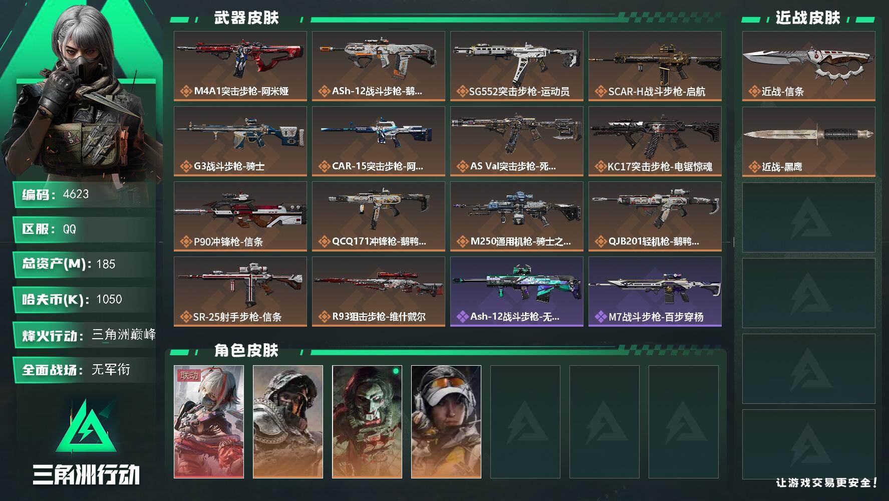 三角洲行动账号QQ总资产(M)：185M/哈夫币(K)：1050K/哈夫币(K)：1050K/传说枪皮数：14/全面战