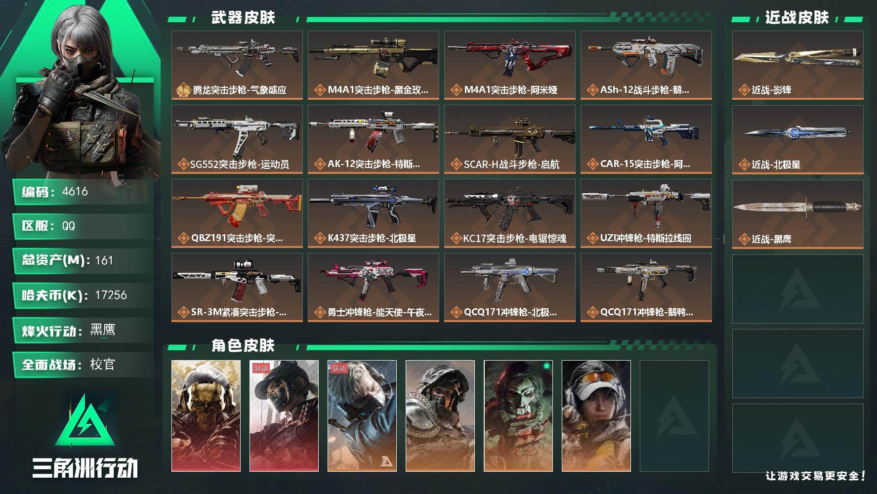 三角洲行动账号QQ总资产(M)：161M/哈夫币(K)：17256K/哈夫币(K)：17256K/传说枪皮数：22/全