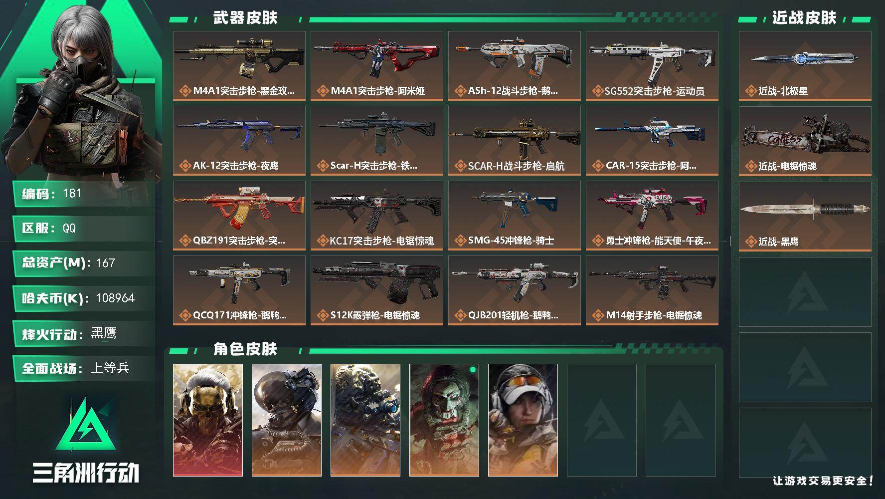 三角洲行动账号QQ【LX87923】【总资产：167.9m，流动资产：128.7m-1干员红皮：红狼 蚀金玫瑰-刀皮：