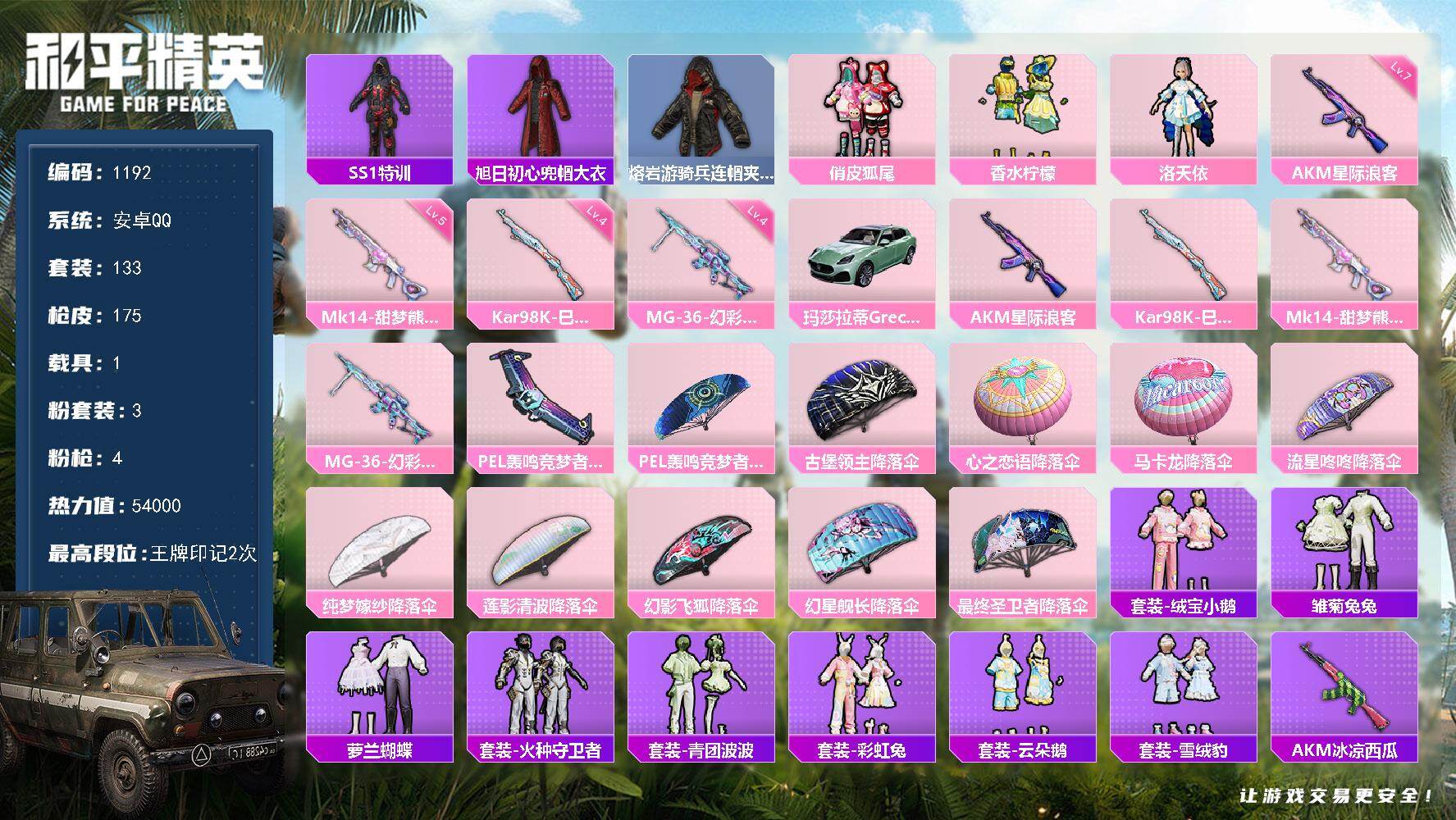 安卓 手Q-3粉装-4特效枪-1载具-1粉色飞行器-54000热力值-2王牌印记-133套装-175枪皮
【热门品类】：套装-SS1特训，旭日初心兜帽大衣，熔岩游骑兵连帽夹克
【粉色套装】：粉装-俏