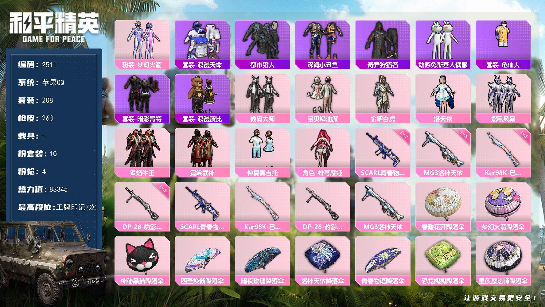 和平精英账号苹果QQ0载具-208套装-263枪皮-208套装/枪械4/装备313/战备174/王牌印记7/热力值833