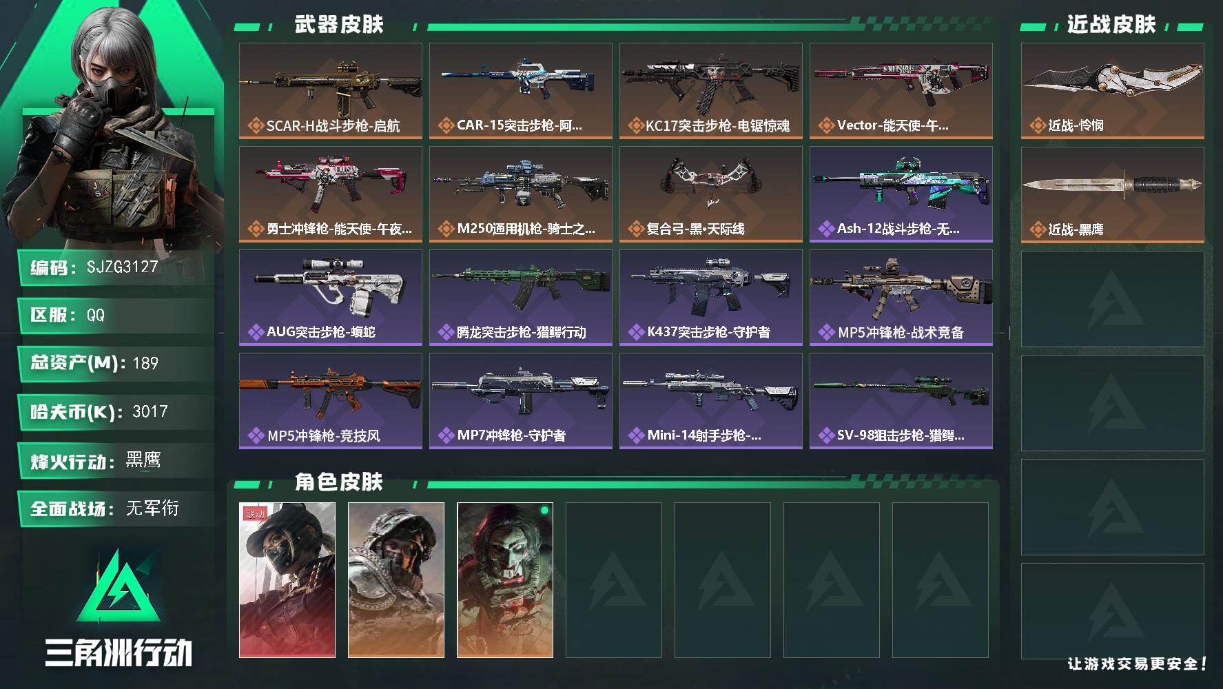 三角洲行动账号QQ【SJZG3127】总资产(M)：189M/哈夫币(K)：3017K/哈夫币(K)：3017K/传说枪皮数：7/全面战场等级：1_段位：无段位/烽火地带等级：60_段位：黑鹰/露娜-黑·天际线/深蓝