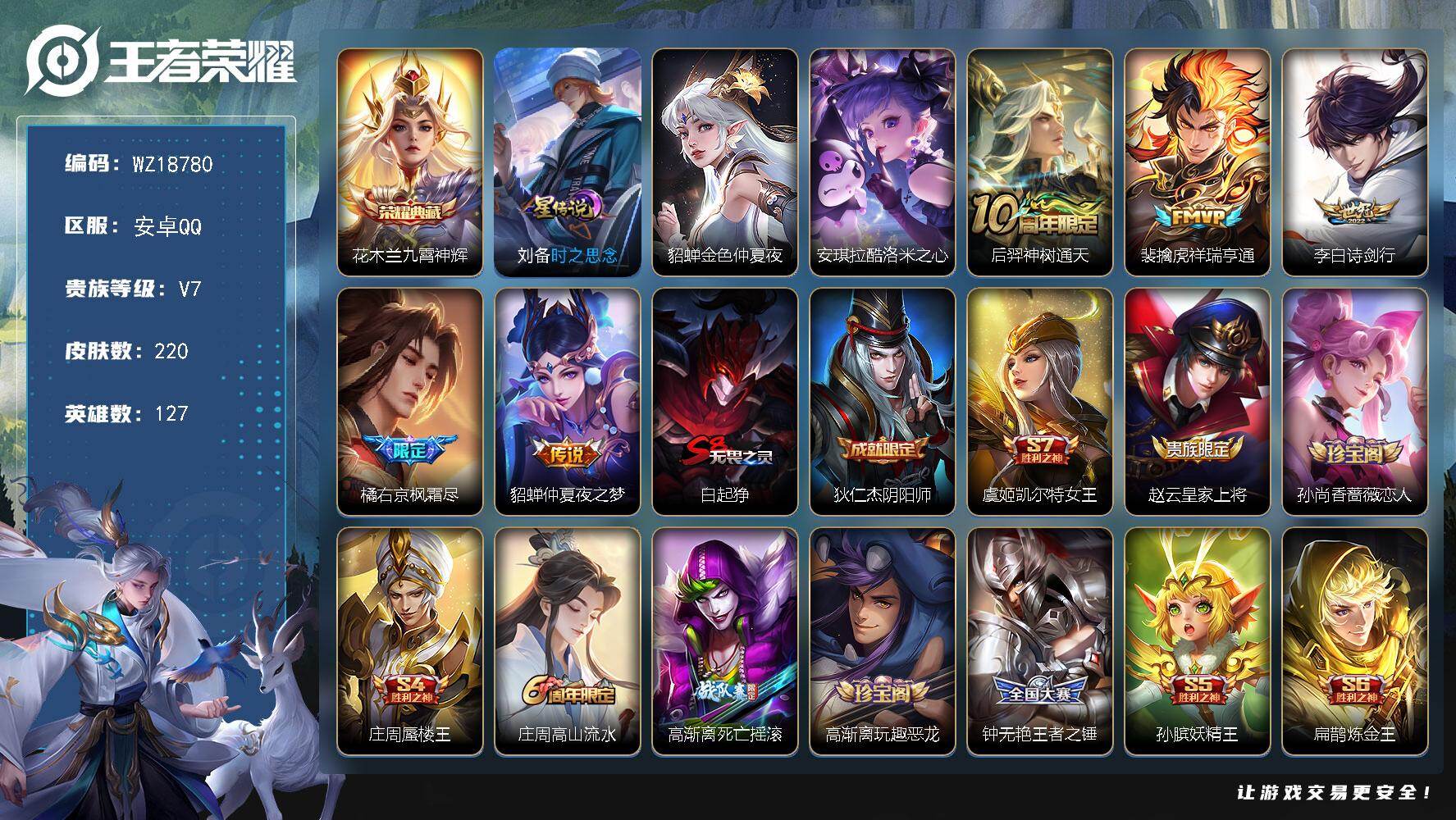 王者荣耀账号安卓QQ【WZ18780】HCB20012，2星元/8按键，有钱包，安卓Q-V7-至尊星耀III段位-127英雄-220皮肤-1典藏皮肤-1珍品传说-5传说-59史诗
【英雄全皮】：橘右京全皮
【荣耀典藏】