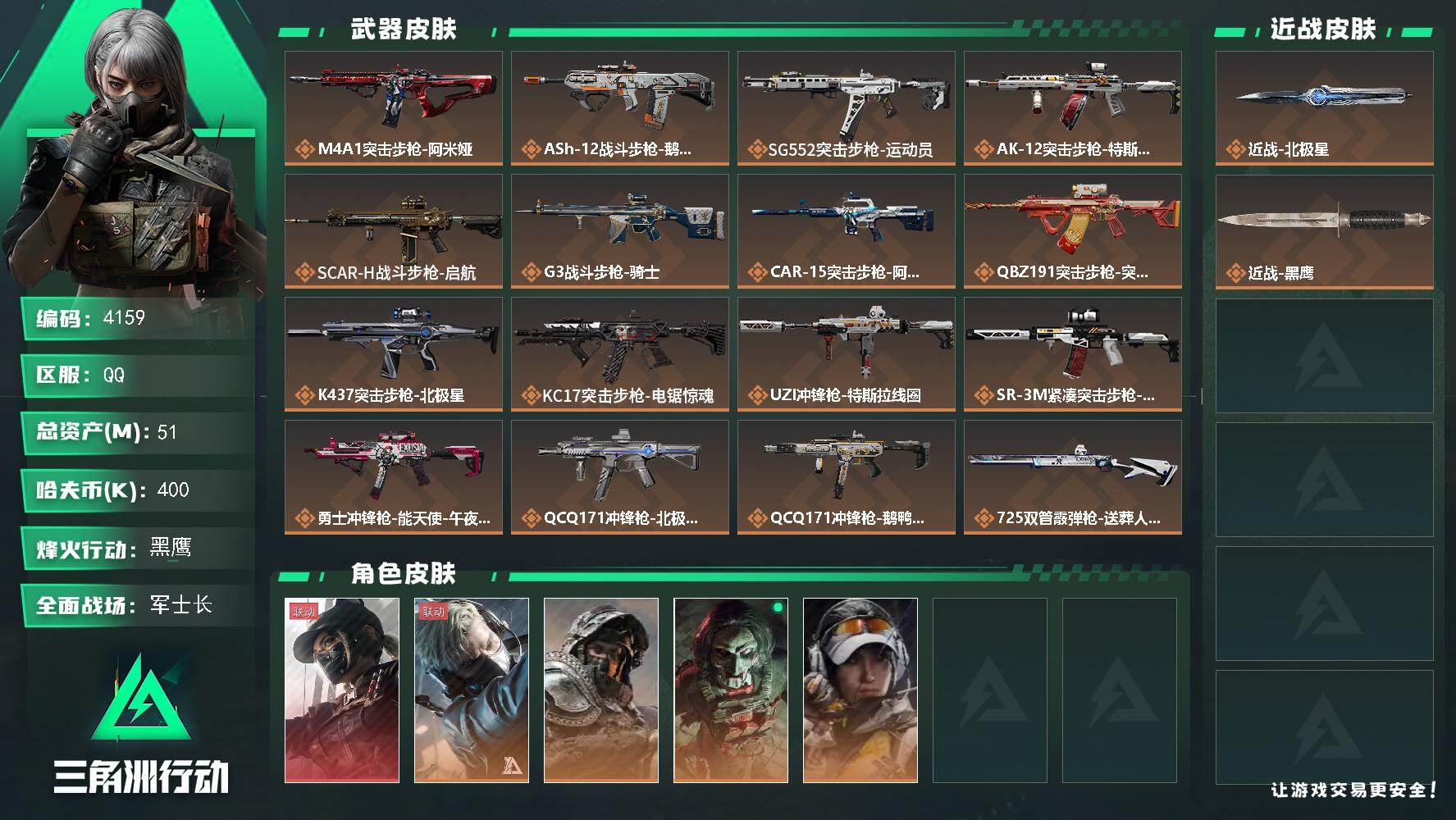 三角洲行动账号QQ总资产(M)：51M/哈夫币(K)：400K/哈夫币(K)：400K/传说枪皮数：21/全面战场等级
