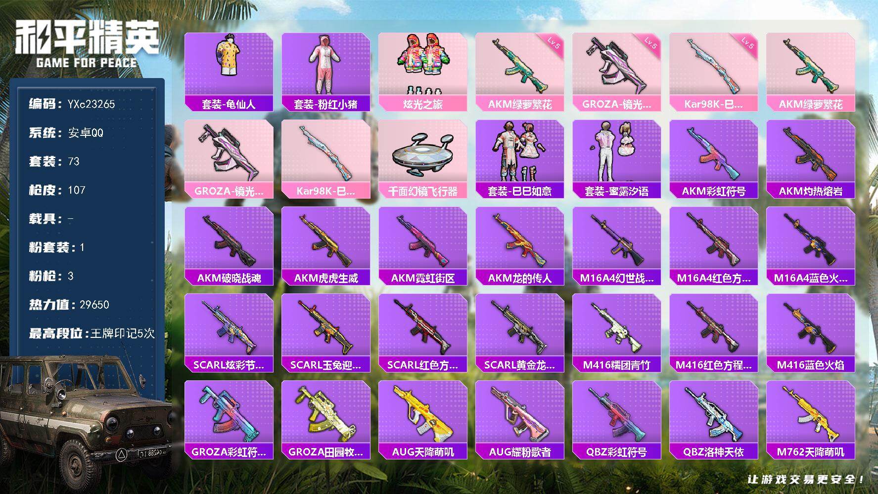 和平精英账号安卓QQ0载具-73套装-107枪皮-YXc23265-【可二次】【因赛季更新游戏段付以上号为准!】
安卓Q