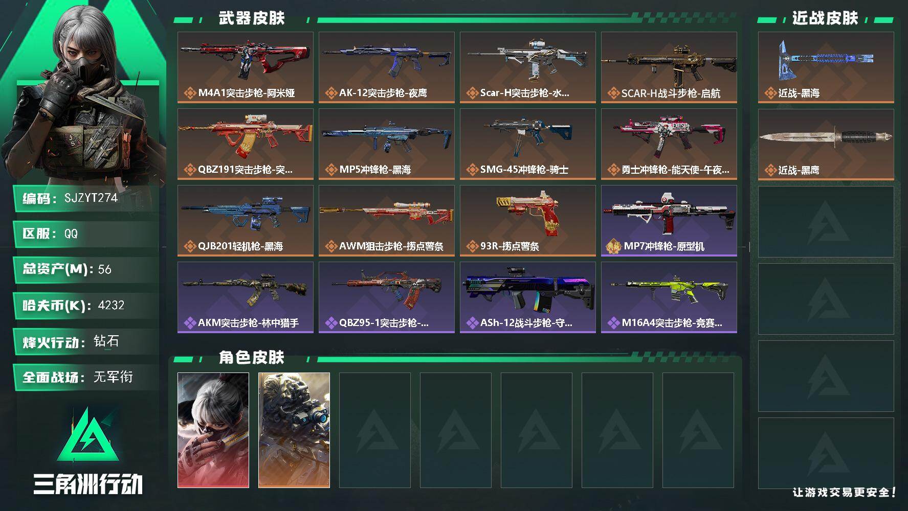 三角洲行动账号QQ【SJZYT274】总资产(M)：56M/哈夫币(K)：4232K/哈夫币(K)：4232K/传说枪