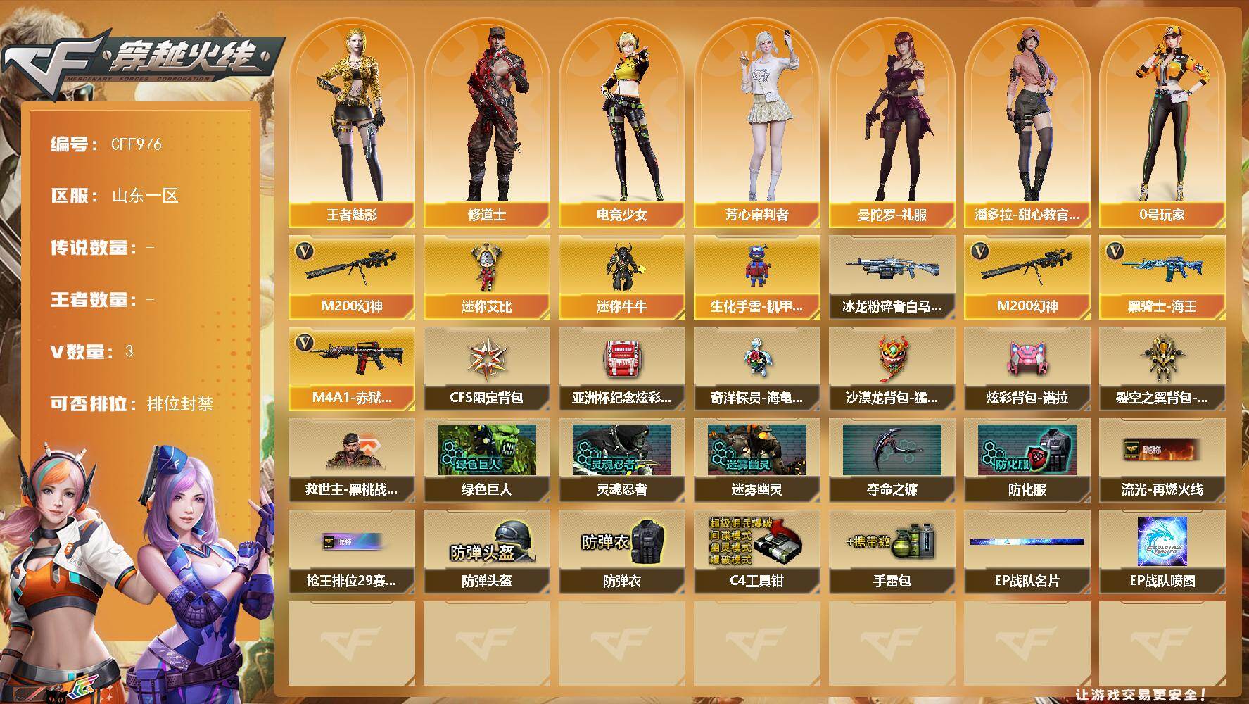穿越火线账号北部战区山东一区【CFF976】3V/65级/校官/M200 幻神/王者-魅影/修道士/电竞少女/芳心审判者/0号玩家/曼陀罗-礼服/潘多拉-甜心教官/迷你牛牛/生化手雷-机甲核心/迷你艾比/冰龙粉碎者-白马银枪/